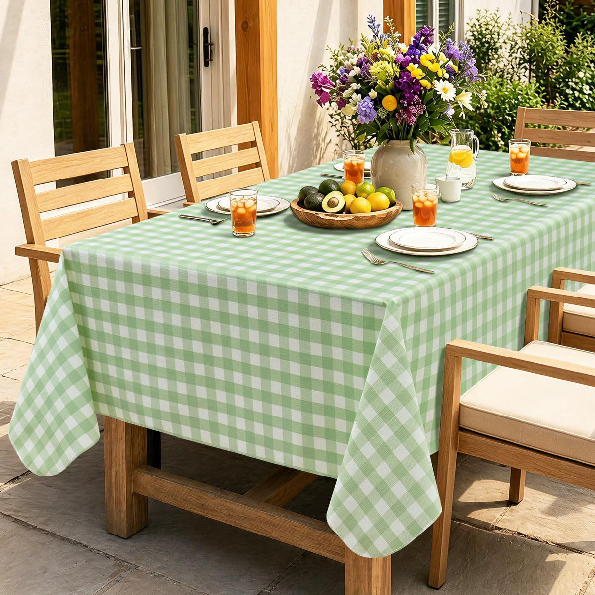 Seenus Khaki Gingham Cottage Vinyl Round Tablecloth with Flannel Backing, Waterproof Checkered Table Cloth Wipeable for Farmhouse Kitchen Patio Garden, 60 Inch Circular (Fits 30-48" Tables)