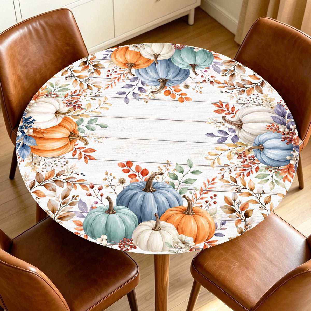 Fall Round Fitted Tablecloth with Elastic Edge Orange Blue White Thanksgiving Pumpkin Table Cover 40-44 Inch Autumn Leaf Washable Table Cloth for Kitchen Dining Room Party Decor
