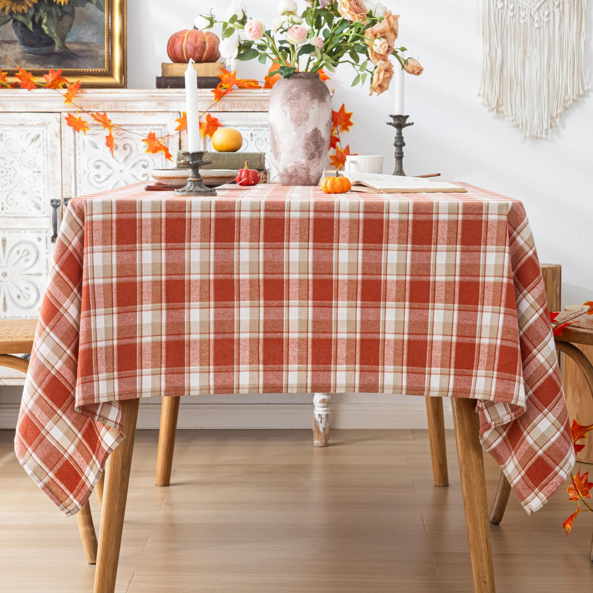 AQOTHES Plaid Fall Tablecloth Thanksgiving Rectangle 60x84 Inch Rust