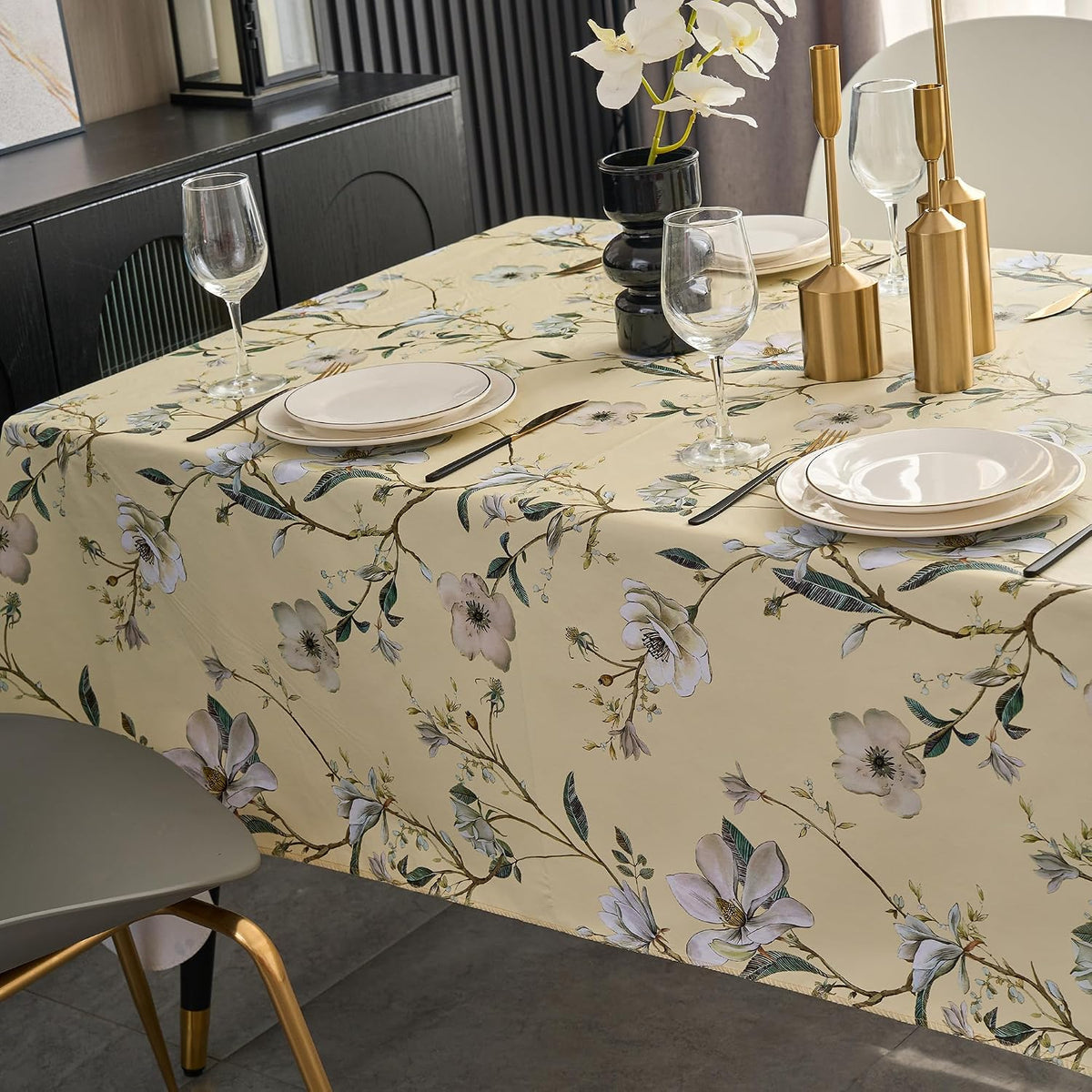 Pioggia Vinyl Tablecloth with Flannel Backing - Waterproof, Oil-Proof, Easy to Clean -Plastic Table Cloth - Perfect for Dining Tables, Kitchen Tables, Parties (Beige Flower, 54×72 Inch Rectangular)