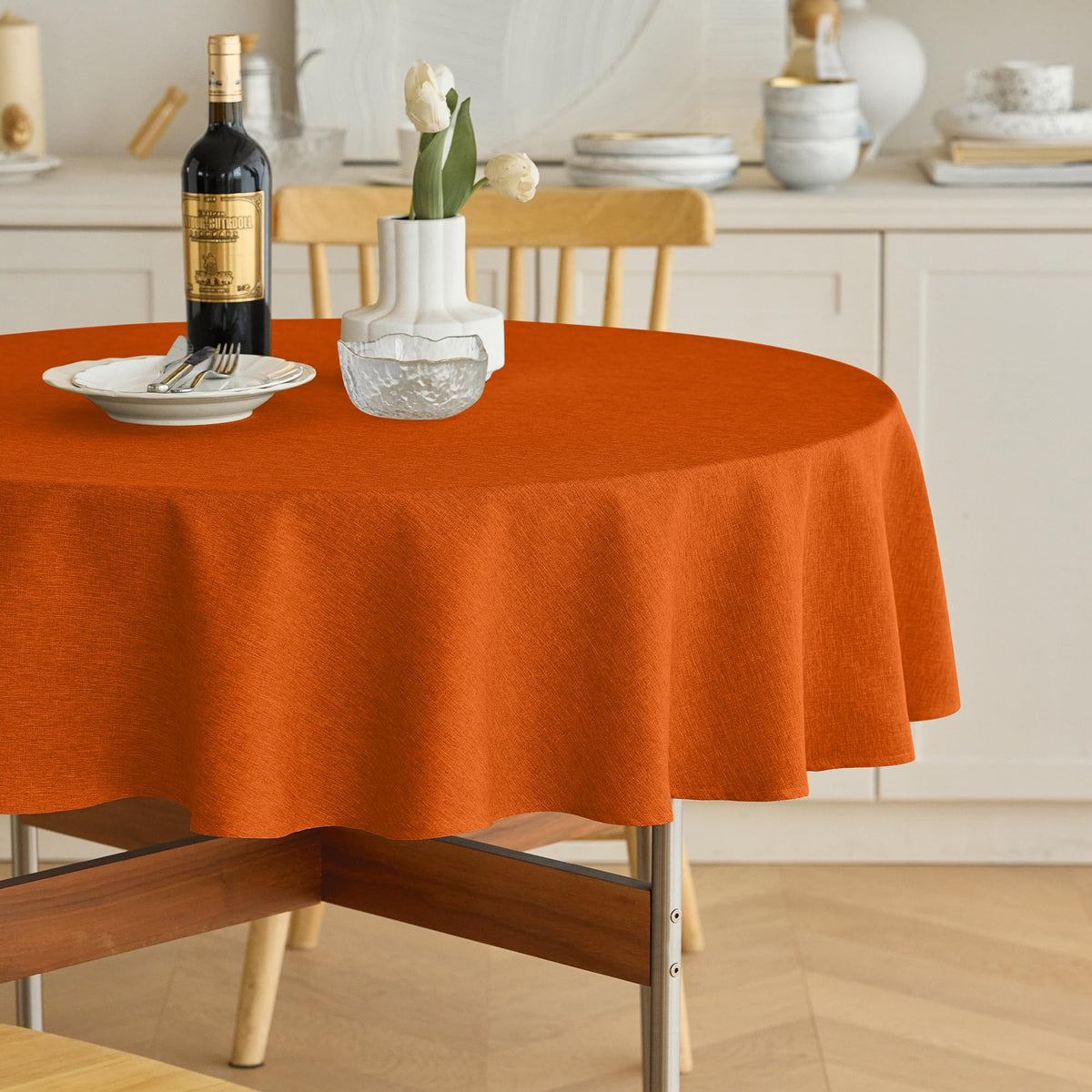 Decorelia Waterproof Round Tablecloth for Round Dining Table, Decorative Rustic Soft Wipeable Table Cloths Cover Indoor Outdoor Use for Holiday,Wedding, Kitchen (70 Inch,Round (4-6 Seats),Beige)