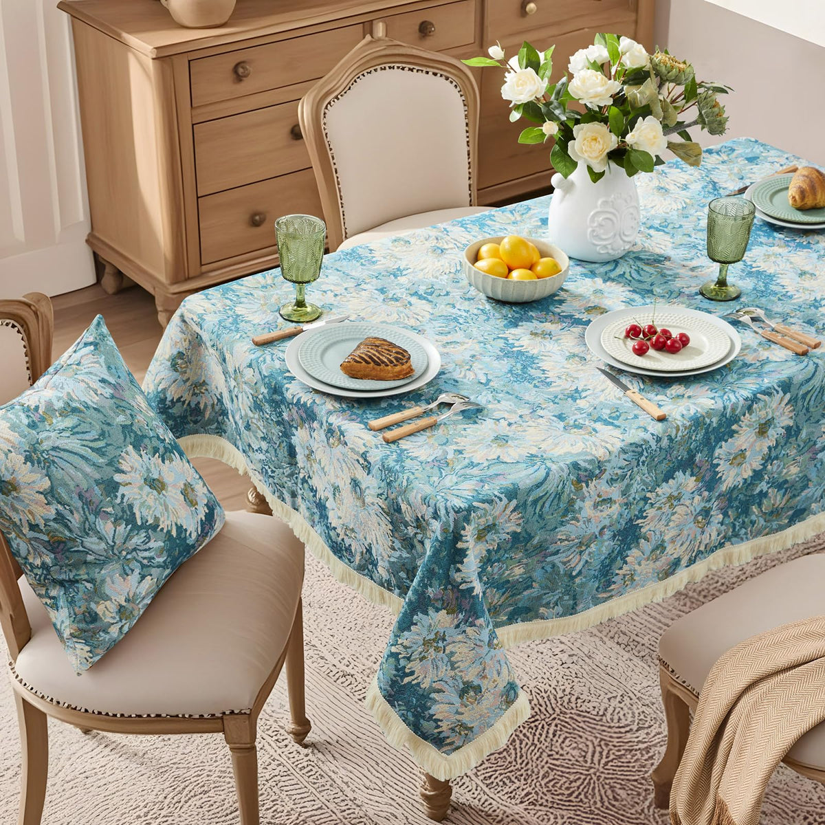 Farmhouse Floral Tablecloths Rectangular Vintage Table Cloth with Tassel