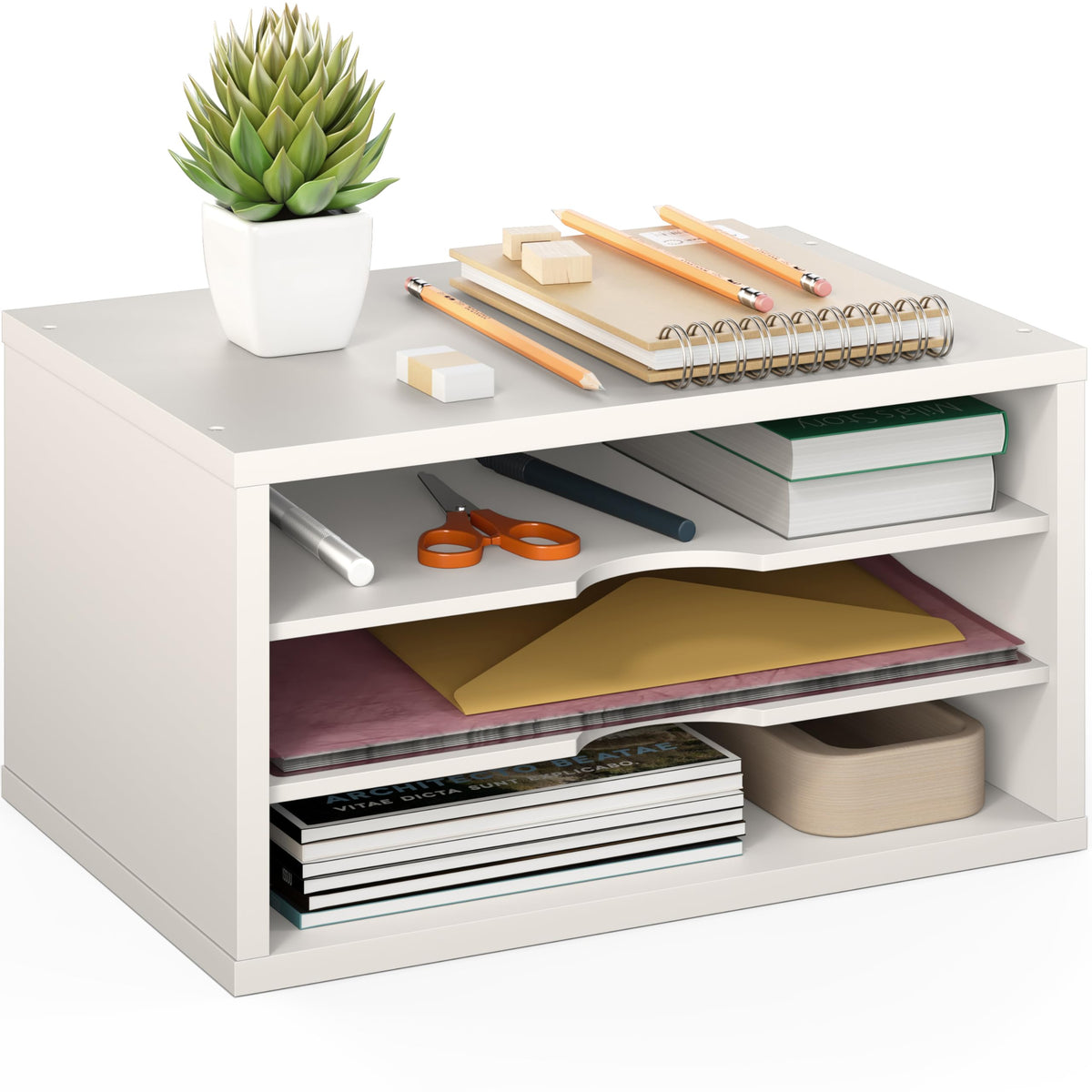 Ballucci File Organizer, 2-Tier Document Paper Sorter, Stackable Wood Desk Organizer Mail Holder, Monitor Stand with Storage Shelves, Black