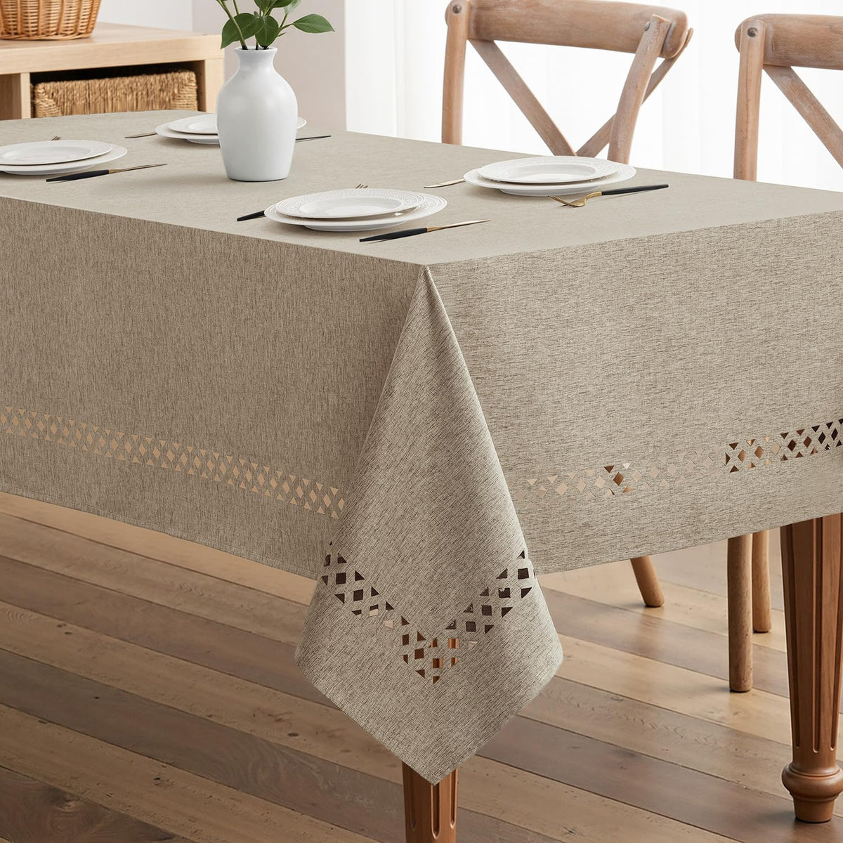 MIULEE Beige Rectangle Tablecloth with Decorative Cutouts 60x84 Inch