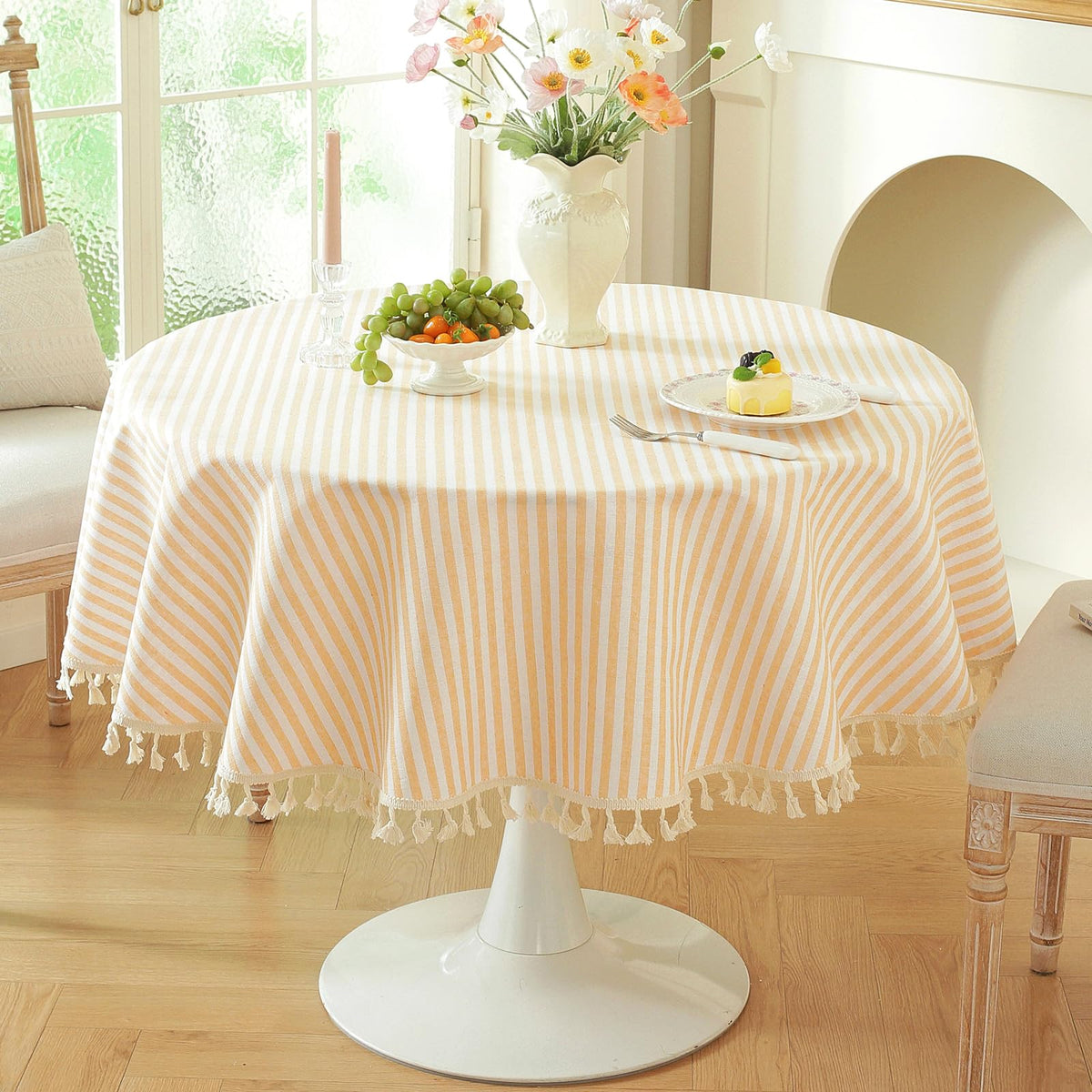meioro Table Cloth Blue White Striped Tablecloth Tassels Cotton Blend Dust-Proof Table Cover for Dining Coffee Buffet Kitchen Picnic Tables, Parties Indoor Outdoor Square Tablecloths (36x36 Inch)