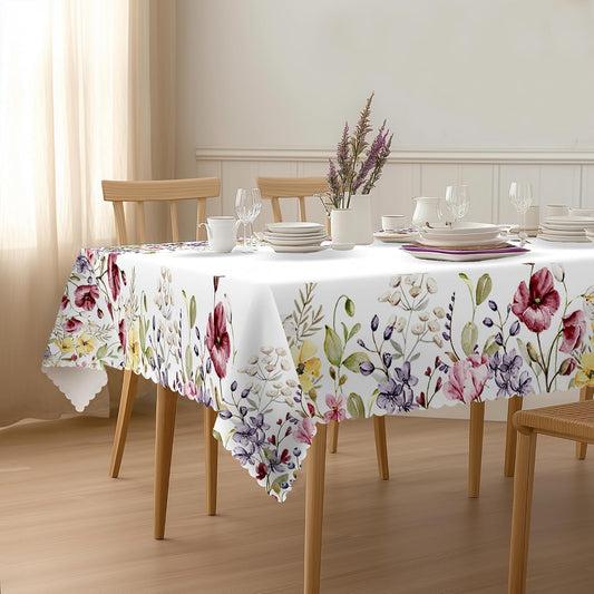 Wildflowers Floral Tablecloth Vintage Flowers Leaves Rectangle Table Cloth Watercolor Floral Botanical Style Washable Table Cover with Wavy Edging Suitable for Dining Picnic 54×72 in