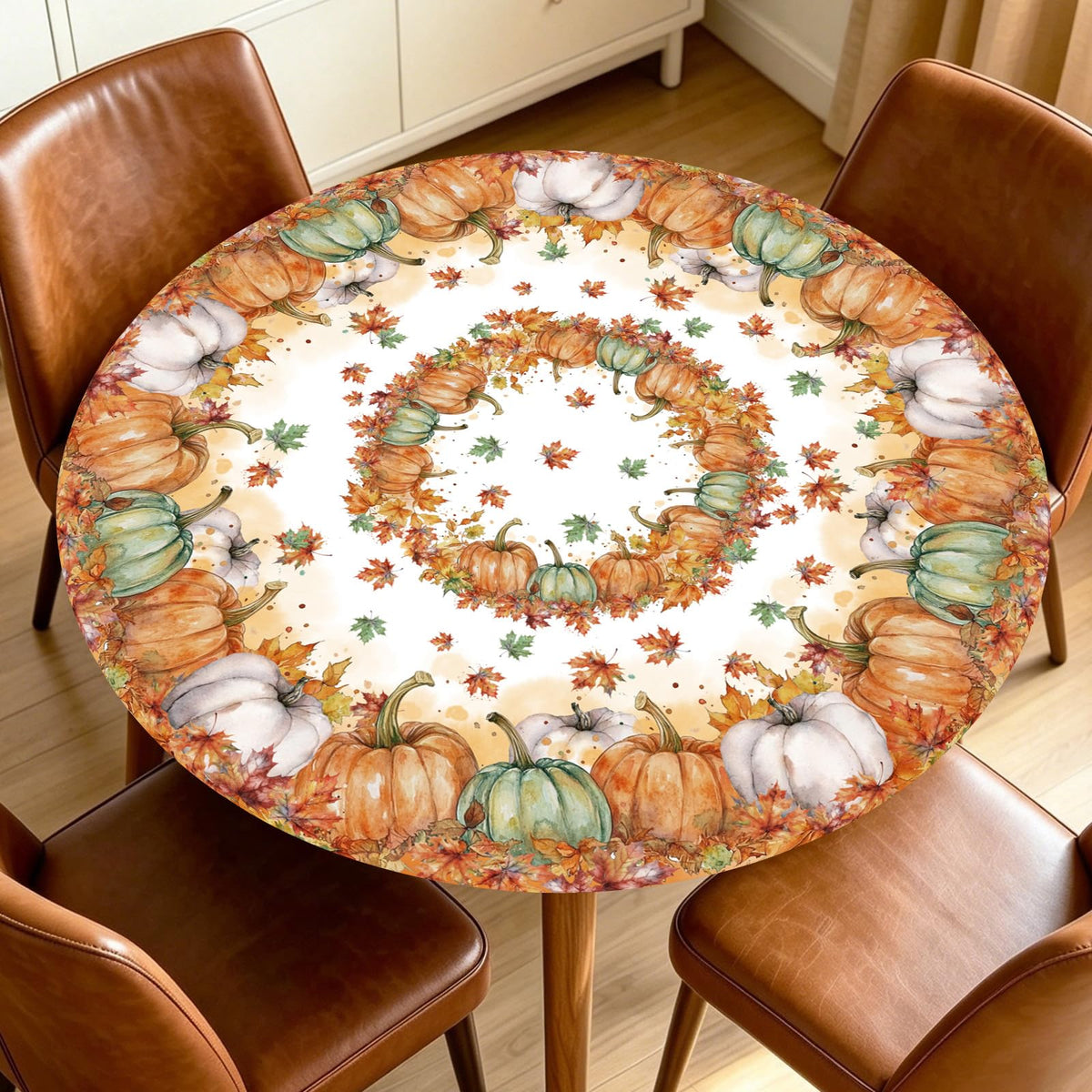 Fall Round Fitted Tablecloth with Elastic Edge Orange Blue White Thanksgiving Pumpkin Table Cover 40-44 Inch Autumn Leaf Washable Table Cloth for Kitchen Dining Room Party Decor