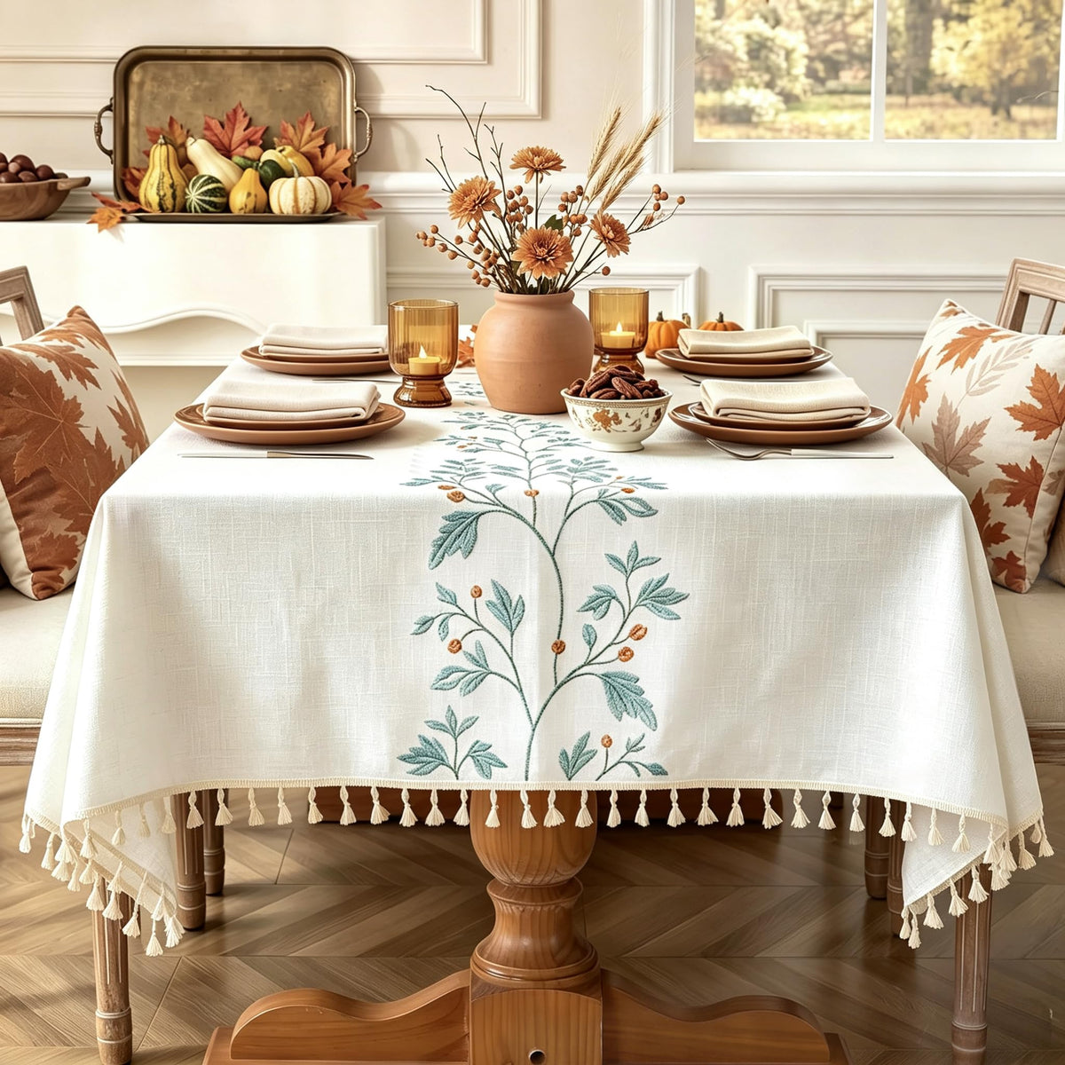 Laolitou Cotton Linen Waterproof Table Cloth for Dining Table Farmhouse Kitchen Rectangle Tablecloth Coffee Wrinkle Free Tables Cover, Beige, Coffee Flower, 55x70 Inch