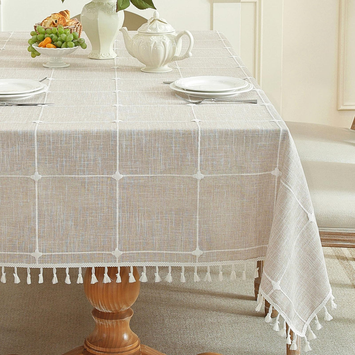 Alsoo Fall Tablecloth Rectangle Linen Style, Rustic Boho Farmhouse Outdoor Waterproof Cotton Table Cloth Wrinkle Free for Picnic Camping Party Kitchen Dining (Coffee Lines, 4-6 Seats, 55x75 Inches)