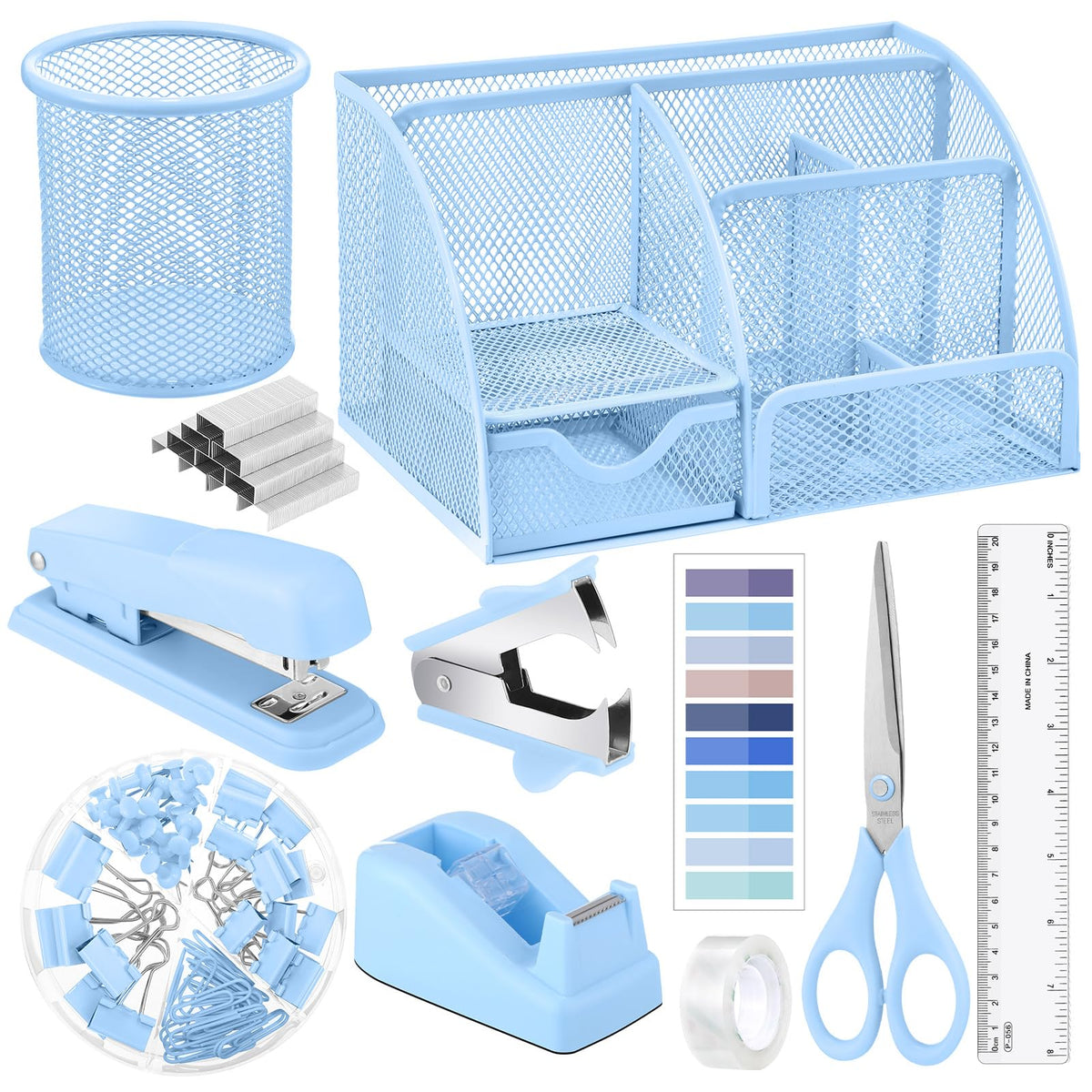 11 In 1 Blue Desk Organizer And Accessories, Light Blue Office Supplies Include Stapler, Tape Dispenser, Pen Holder, Staple Remover, Clips, Ruler, Scissors, Tapes, Tabs