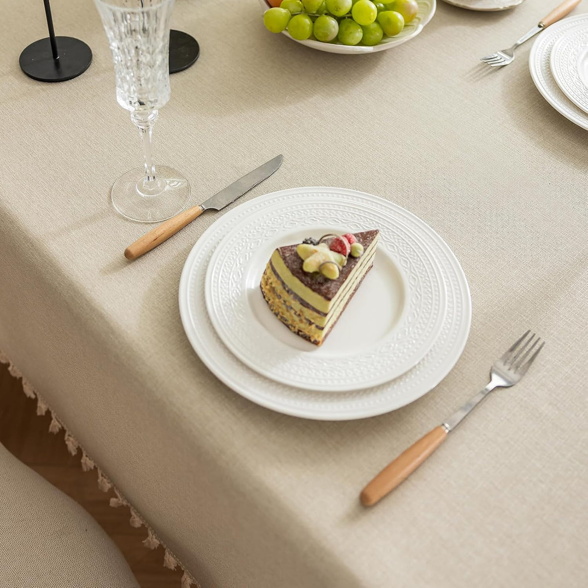 Heavyweight Polyester Square Tablecloth with Tassels, Warm Beige, 55 x 55