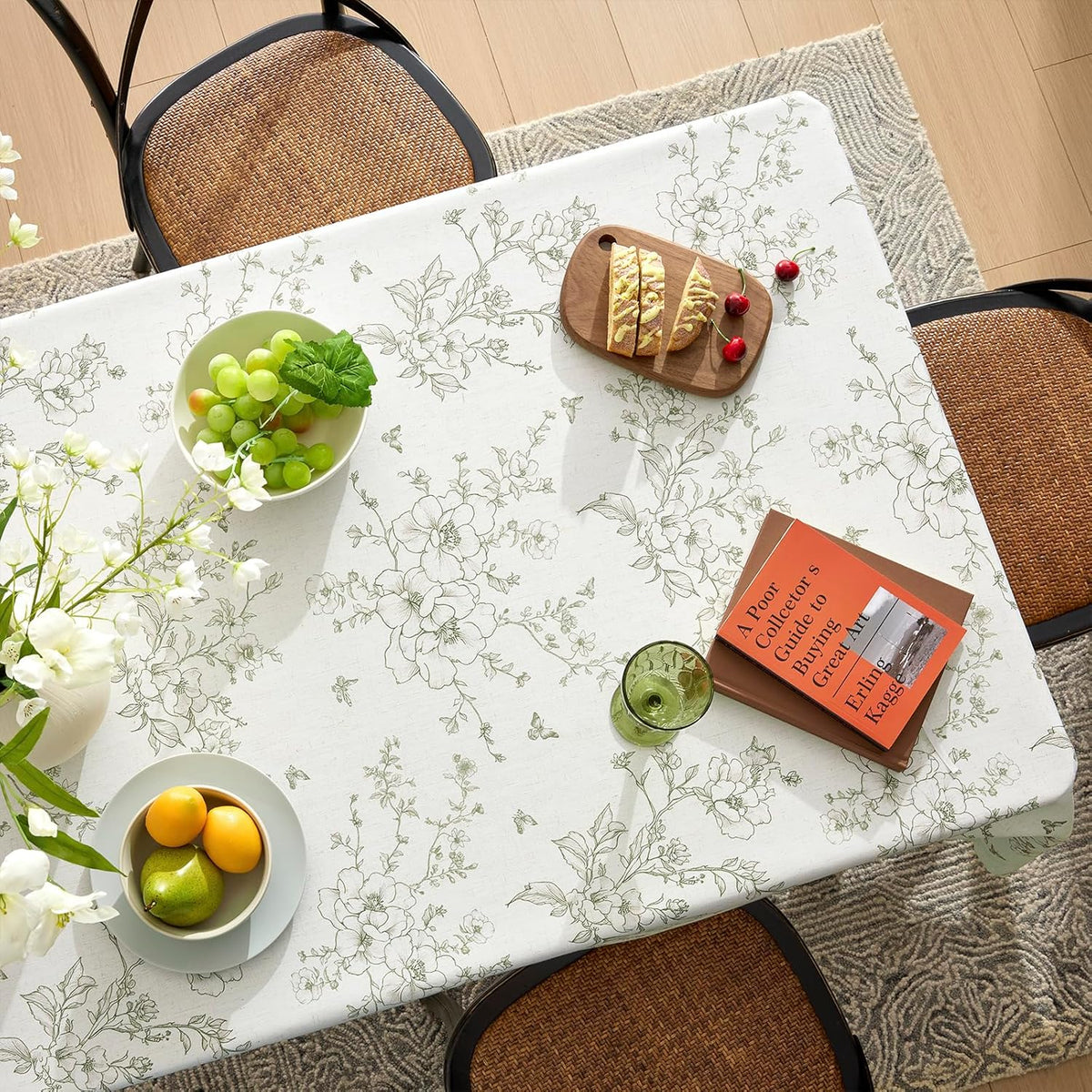 Green Floral Tablecloth Vintage French Rustic Linen Tablecloth Rectangular