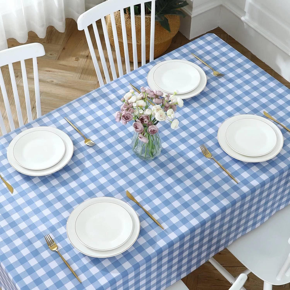 Romanstile Gingham Vinyl Tablecloth, Rectangle 54 x 78, Light Blue