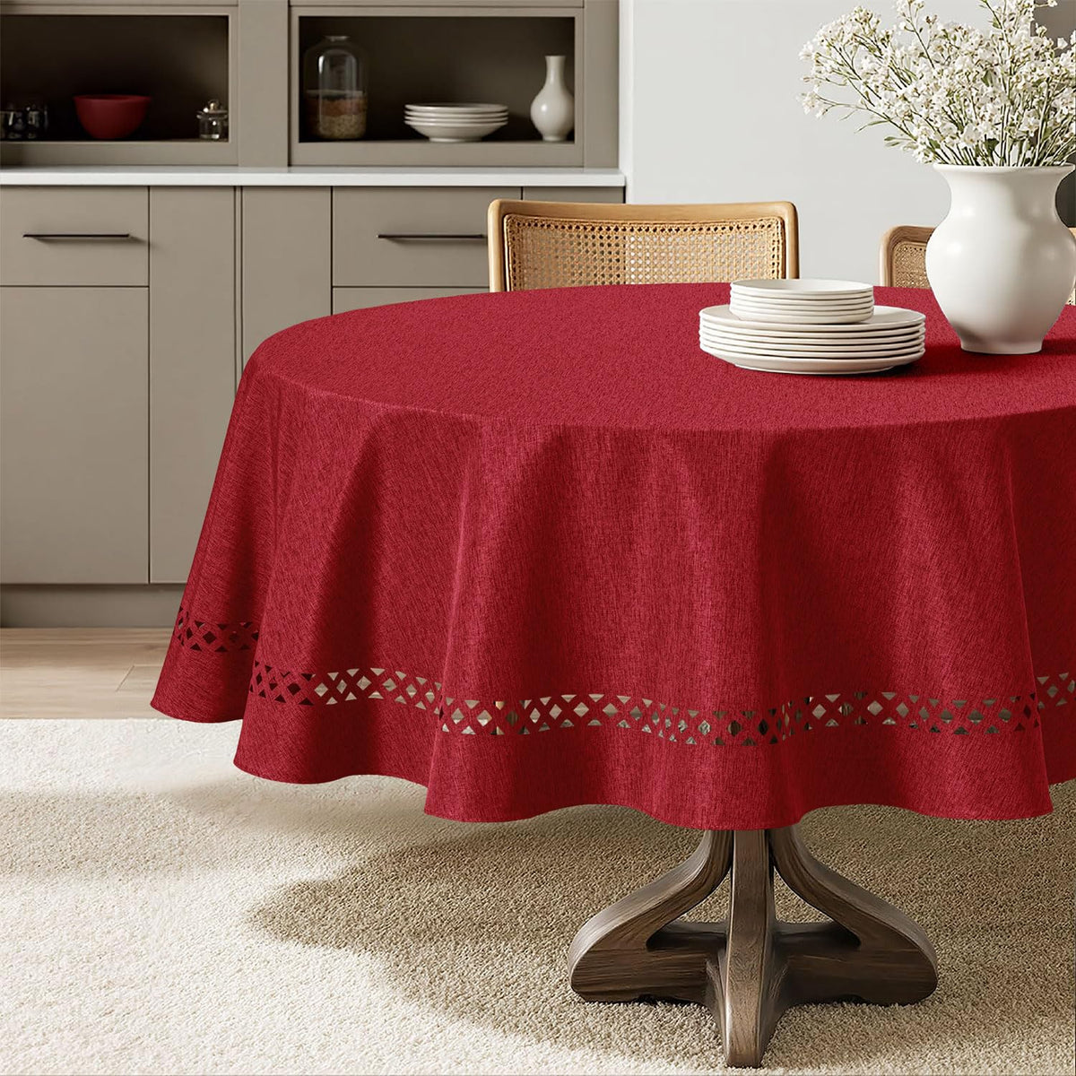 MIULEE Beige 60 Inch Round Linen Tablecloth with Decorative Cutouts