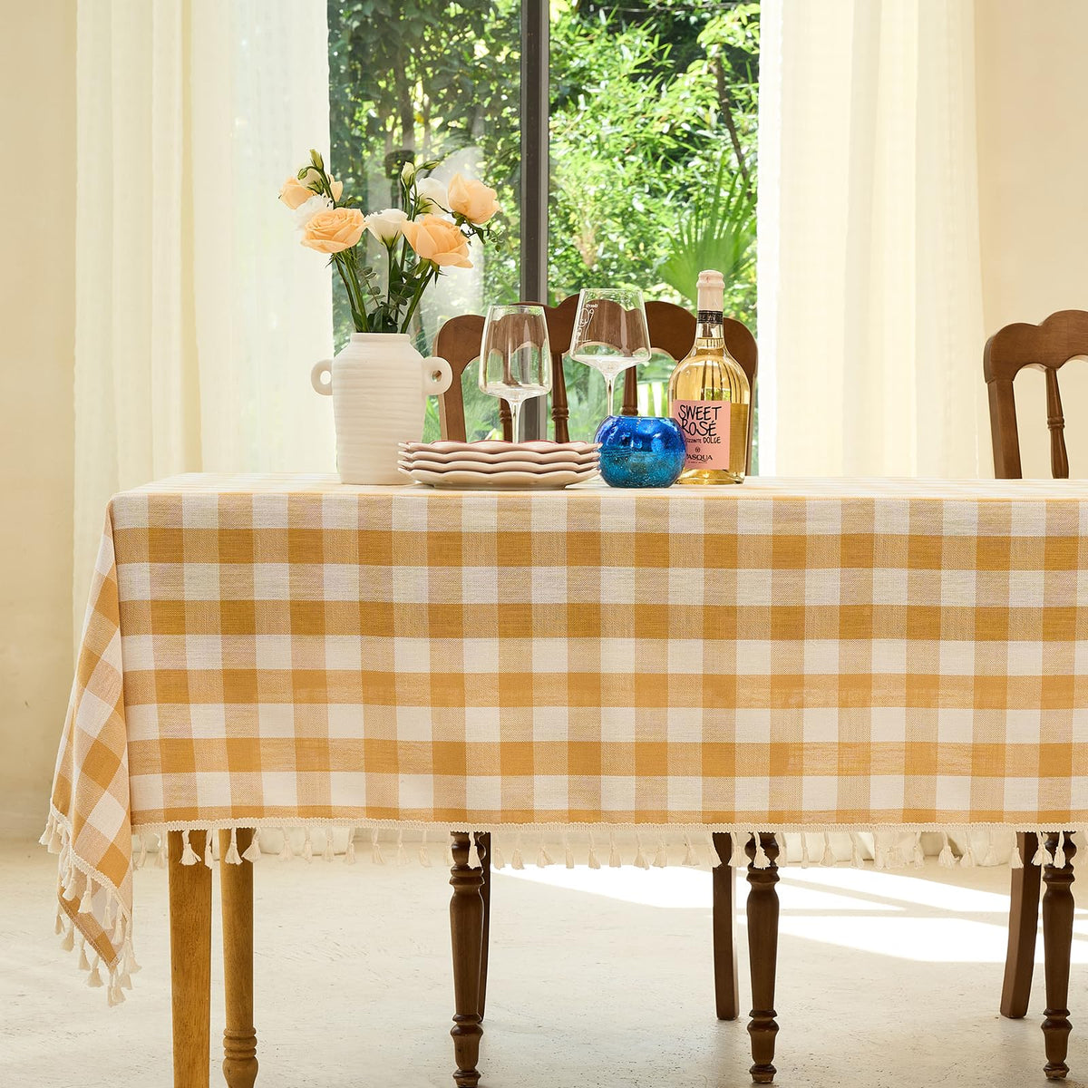 Midsummer Breeze Farmhouse Gray Khaki Gingham Tablecloth Rectangle 55”x70”