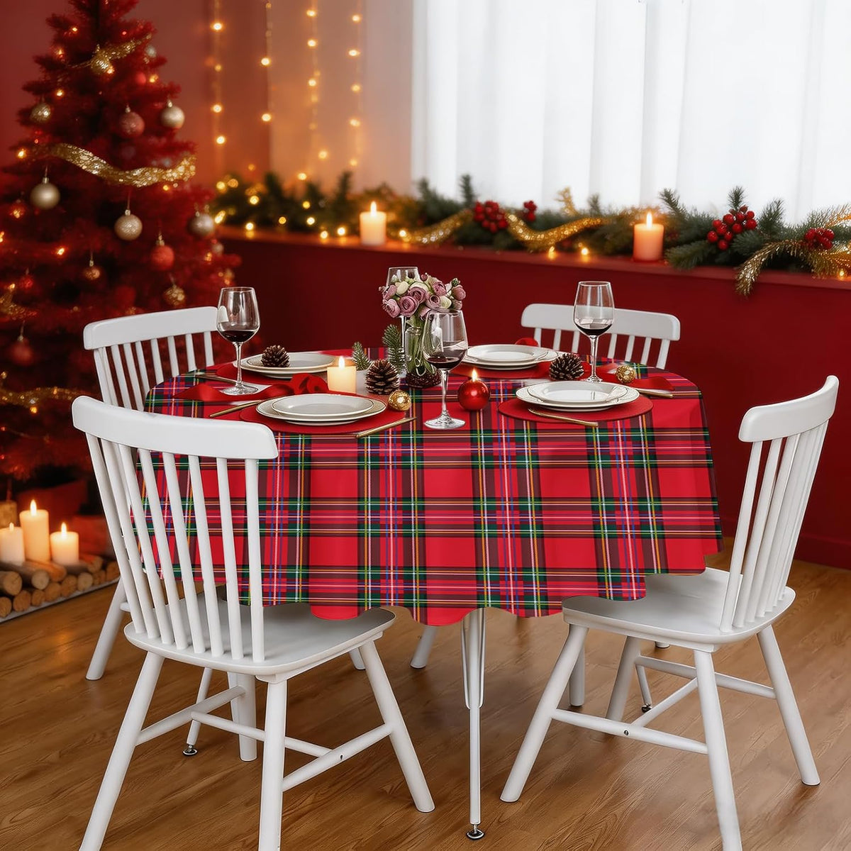 Red Tartan Christmas Tablecloth, 70 Inch Round Polyester Spill Resistant Decorative Table Cover, Classic Plaid Holiday Table Cloth for Christmas Party Farmhouse Dining Home Decor