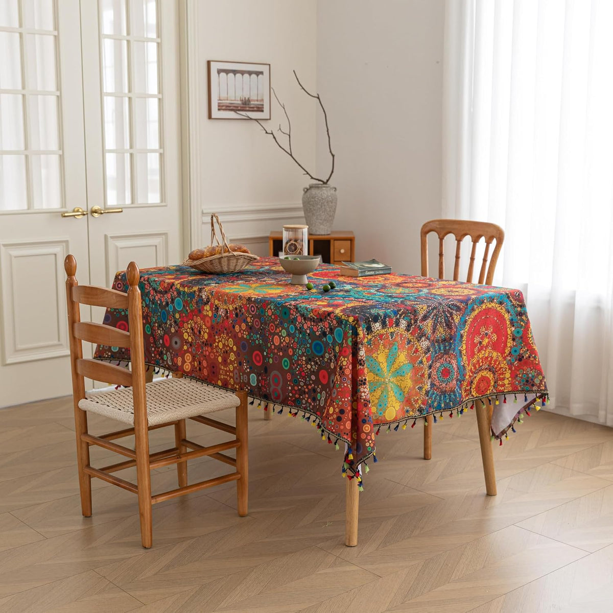 Boho Tablecloth for Square Tables,Fringed Edges with Geometric Pattern Tablecloths,Farmhouse Floral Table Cover Cloth Decorative for Kitchen Dining Room,59"x 59"