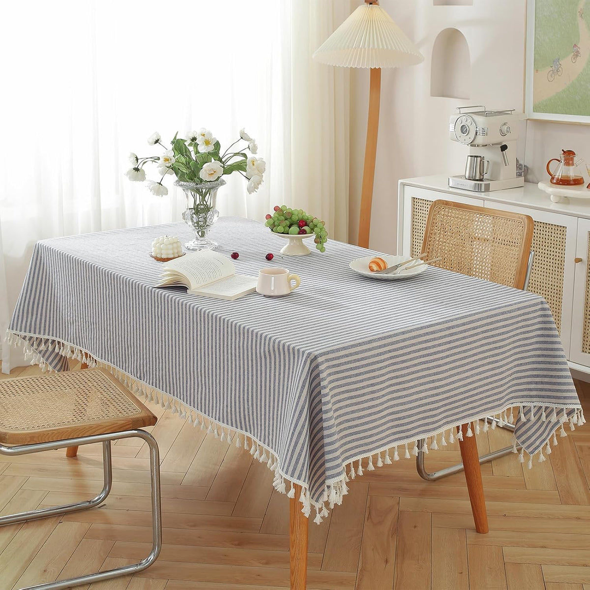 meioro Table Cloth Blue White Striped Tablecloth Tassels Cotton Blend Dust-Proof Table Cover for Dining Coffee Buffet Kitchen Picnic Tables, Parties Indoor Outdoor Square Tablecloths (36x36 Inch)