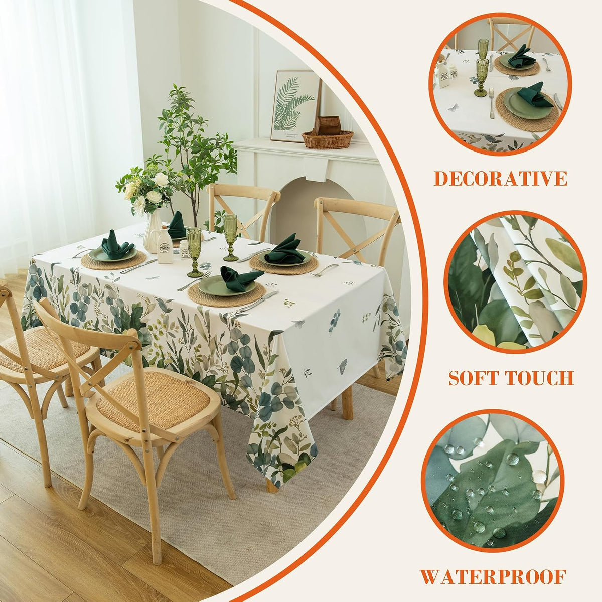 Summer Spring Tablecloth – Waterproof, Stain Resistant, Eucalyptus Floral Design for Dining, Kitchen, Outdoor, Picnic, Easy Clean, Vibrant and Durable Boho Home Decor, W60 x L84