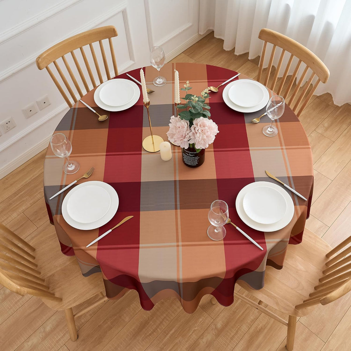 Round Tablecloth 70 Inches Red Brown Buffalo Plaid Winter Table Cloth - Polyester Checkered Gingham Christmas Table Cover Reusable Water Resistant for Fall Thanksgiving Holiday Party Kitchen Dinning