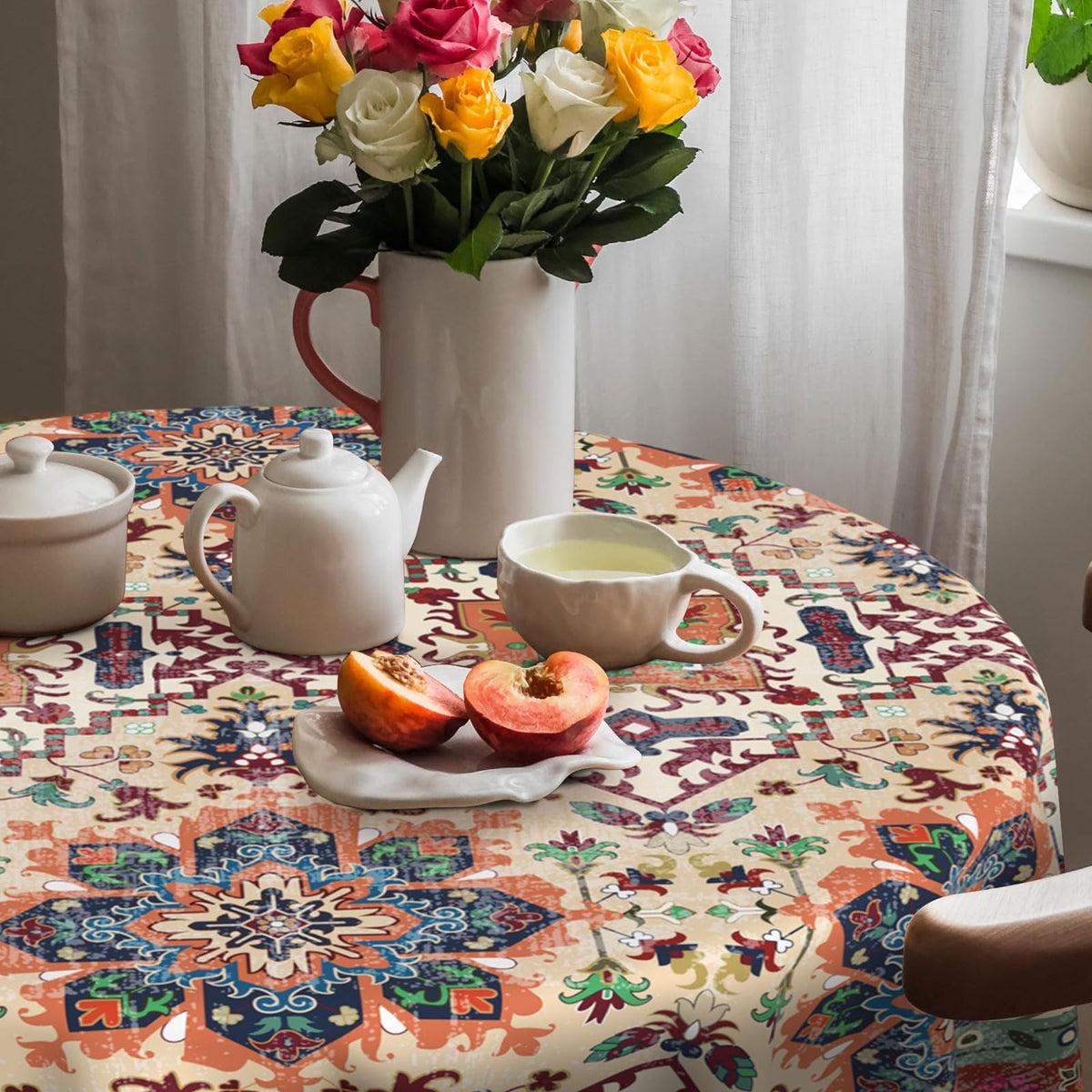 Hexagram Boho Tablecloth 60x84 Inches Rectangle, Bohemia Style Tablecloth