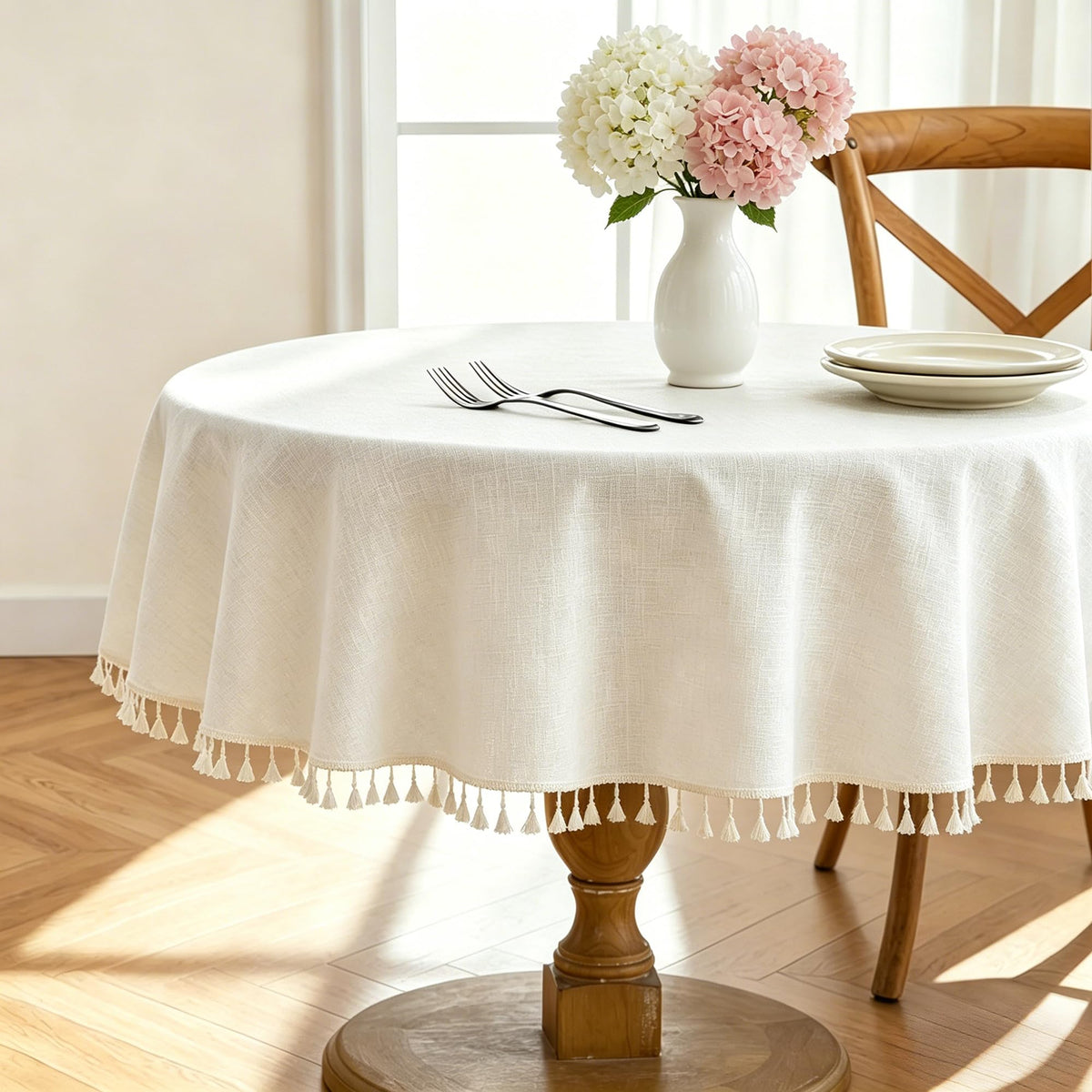 Alsoo Ivory Tablecloth Rectangle Linen Cotton Texture, Waterproof Heavy Duty Farmhouse Wrinkle Free Table Cloth with Tassel for Kitchen Dining Holiday Party, 55" x 75"