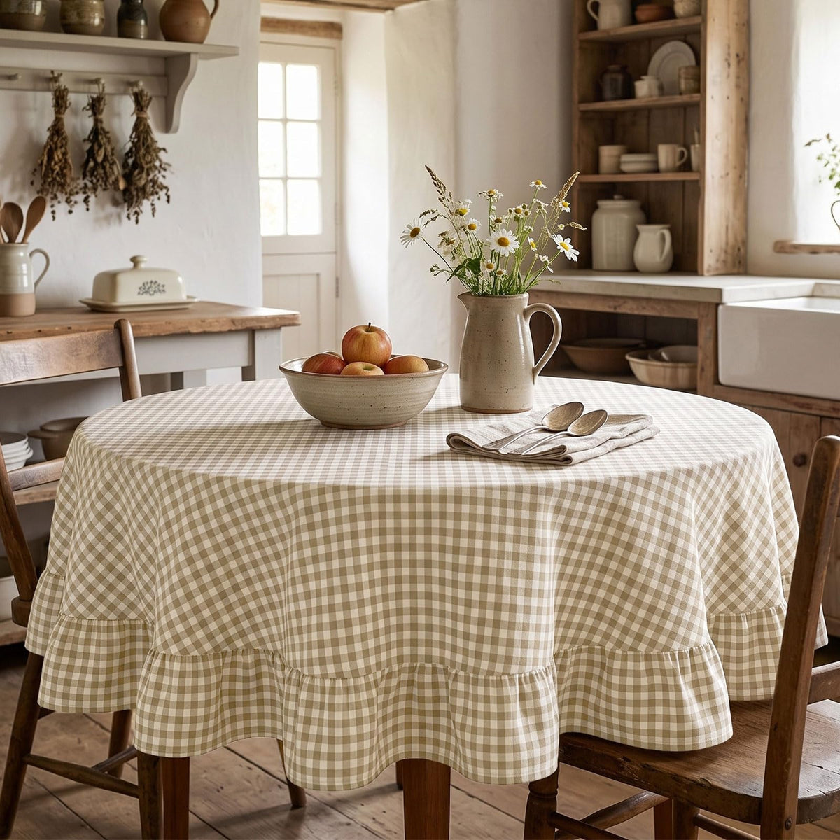 Mindsoft Brown Ruffled Gingham Tablecloth, 52 x 70 Inches, Rectangle