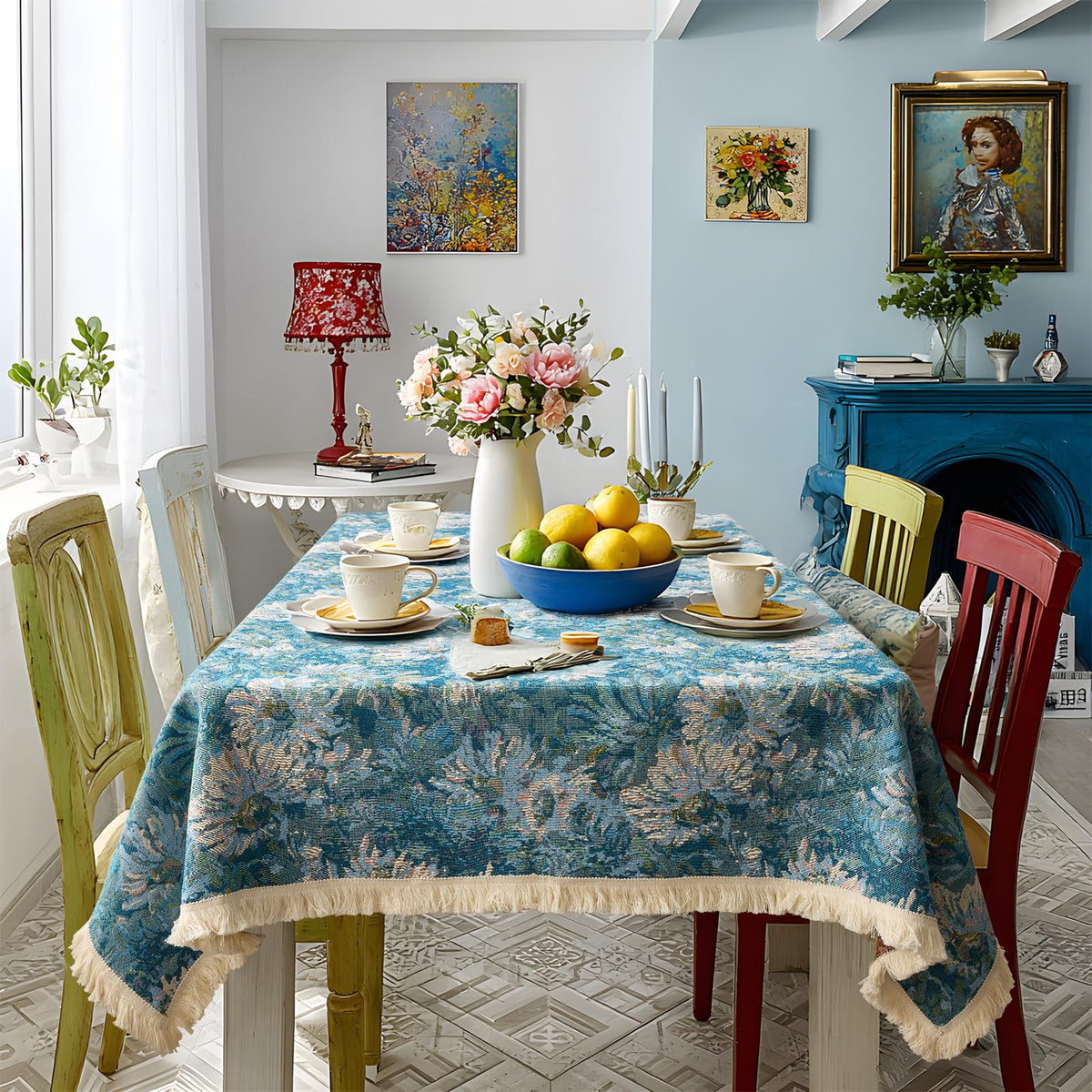 Farmhouse Floral Tablecloths Rectangular Vintage Table Cloth with Tassel