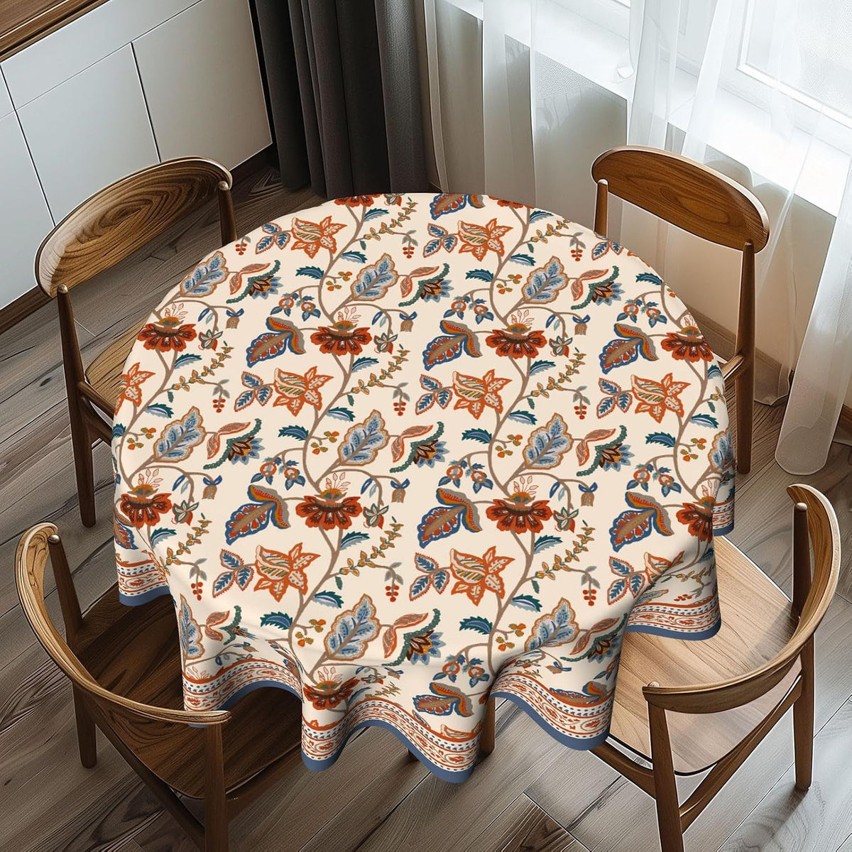Imiss Floral Round Tablecloth Durable Washable Table Cover Bohemian Blue Red Floral Branches Decorative Farmhouse Table Cloth 60 Inch for Kitchen Dining Party Camping