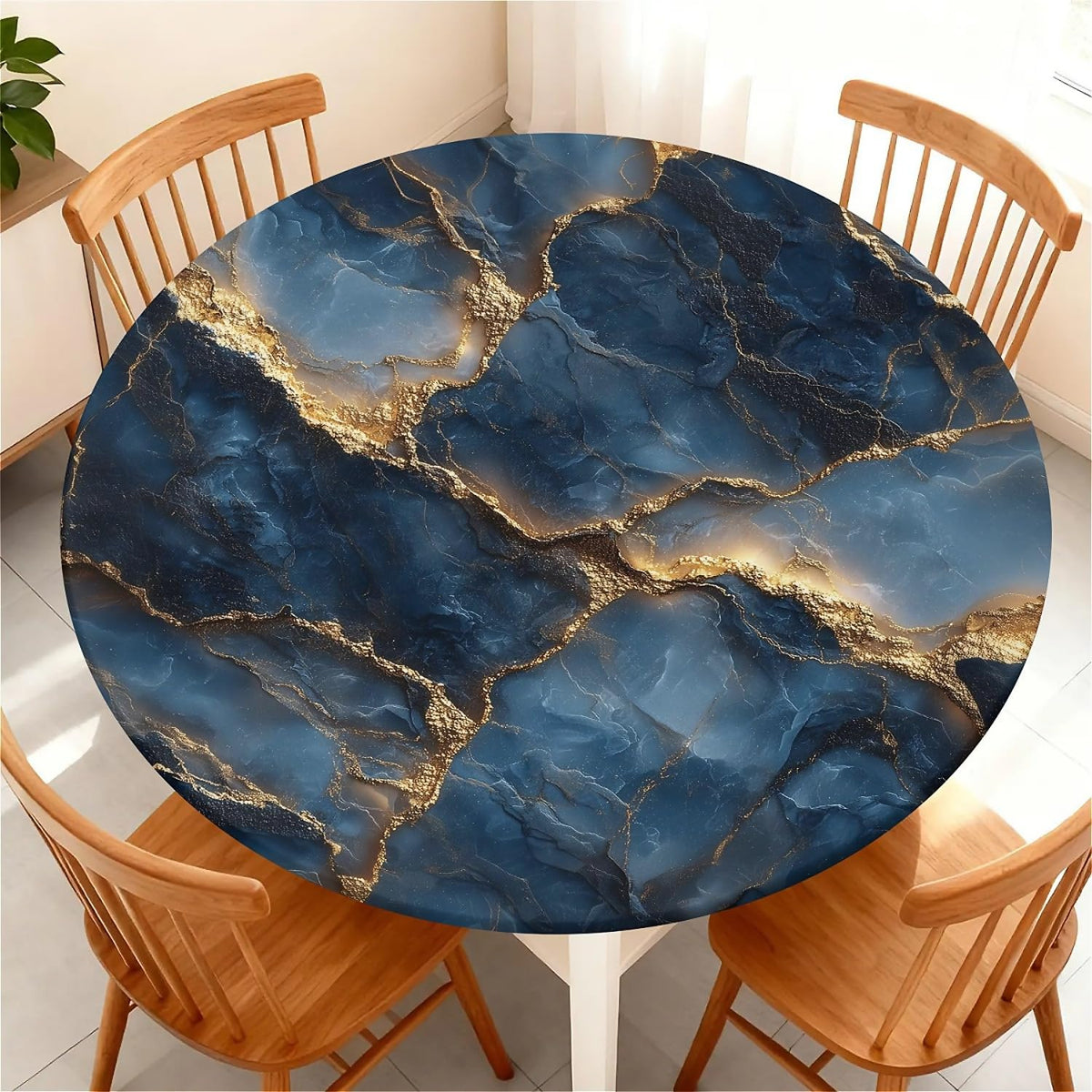Round Fitted Tablecloth with Elastic Edge, Waterproof Stain Resistant Fabric Table Cover for 45"-48" Round Table, Indoor Outdoor Dining, Kitchen Decor, Camping, Party, Holiday, Black White Marble