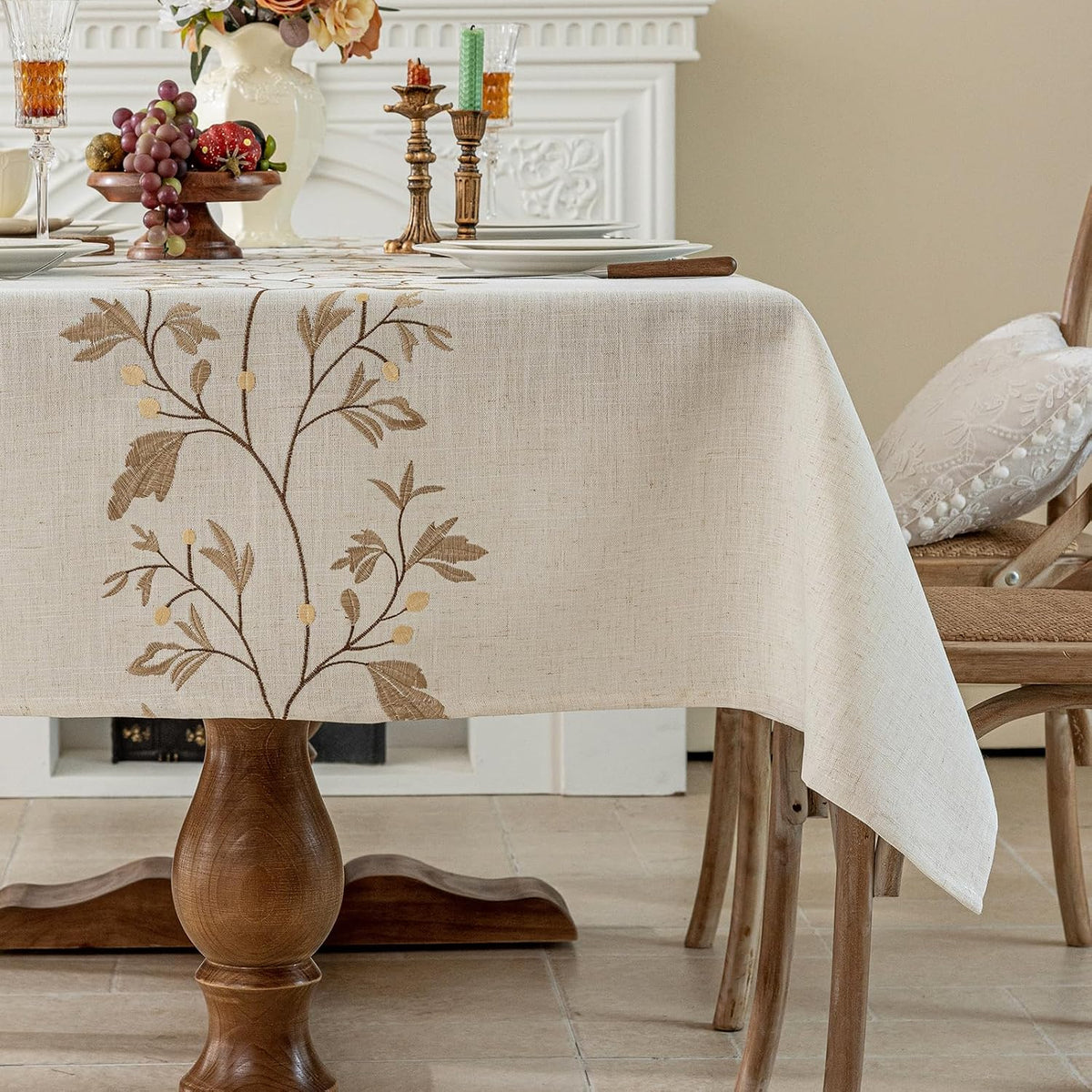 Joyfol Day Rustic Waterproof Linen Tablecloth, Heavy Weight Beige Embroidery Table Cloths for Rectangle Tables, Burlap Farmhouse Table Covers (Coffee Leaves, 55''x 70'')