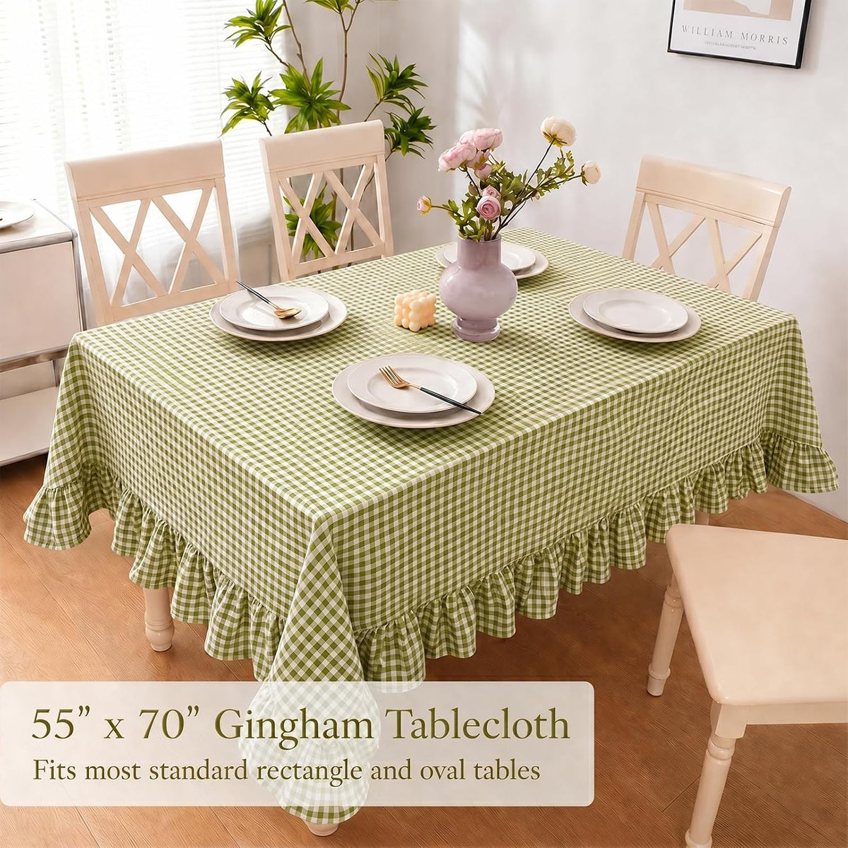 Green White Gingham Ruffled Tablecloth Rectangle 55" x 70" Farmhouse Cotton Plaid Table Cloth with Short Ruffle, Checker Table Cover for Boho Dining Room Kitchen Picnic Home Party Decoration