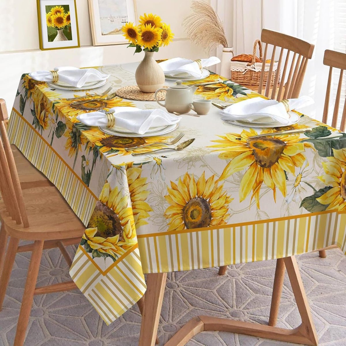Hexagram Summer Tablecloth 60x84 Inch Rectangle, Sunflower Tablecloths