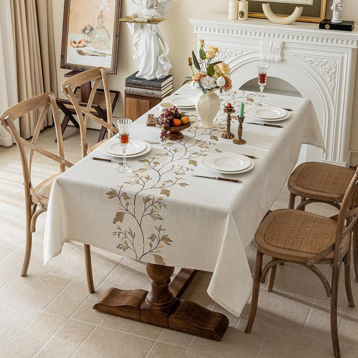 Joyfol Day Rustic Waterproof Linen Tablecloth, Heavy Weight Beige Embroidery Table Cloths for Rectangle Tables, Burlap Farmhouse Table Covers (Coffee Leaves, 55''x 70'')