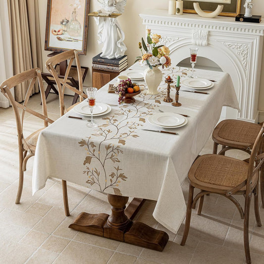 Joyfol Day Rustic Waterproof Linen Tablecloth, Heavy Weight Beige Embroidery Table Cloths for Rectangle Tables, Burlap Farmhouse Table Covers (Coffee Leaves, 55''x 70'')