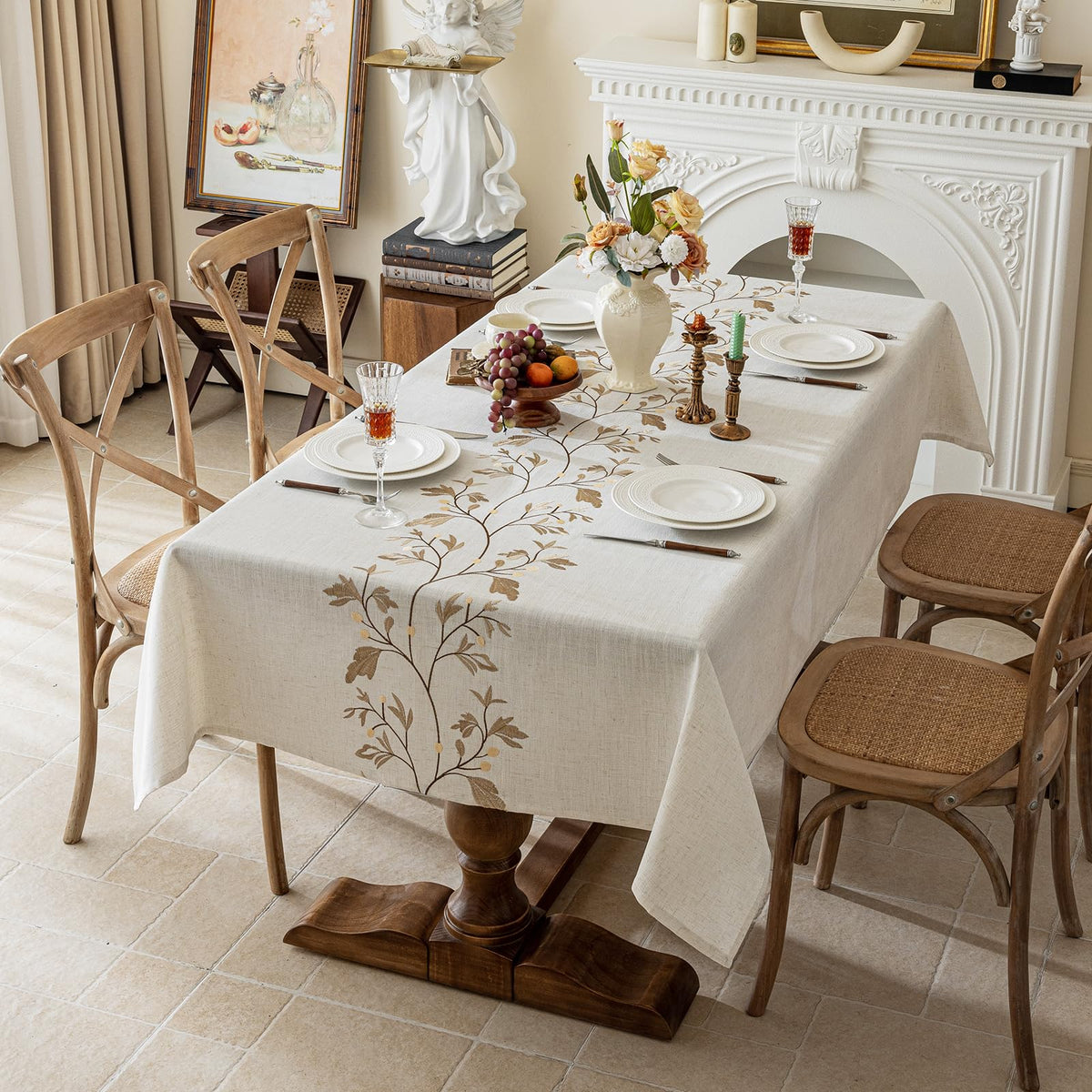 Joyfol Day Rustic Waterproof Linen Tablecloth, Heavy Weight Beige Embroidery Table Cloths for Rectangle Tables, Burlap Farmhouse Table Covers (Coffee Leaves, 55''x 70'')