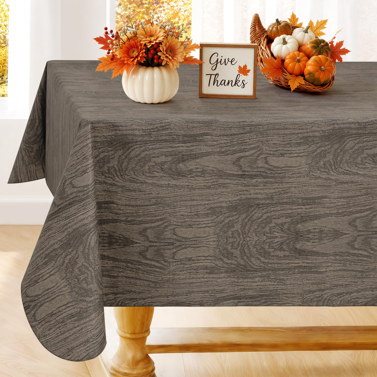 Smiry Rectangle Table Cloth, Waterproof Vinyl Tablecloths with Flannel Backing, Wipeable Spillproof Plastic Wood Grain Table Cover for Dining, Indoor and Outdoor (Beige, 60 "x 84")