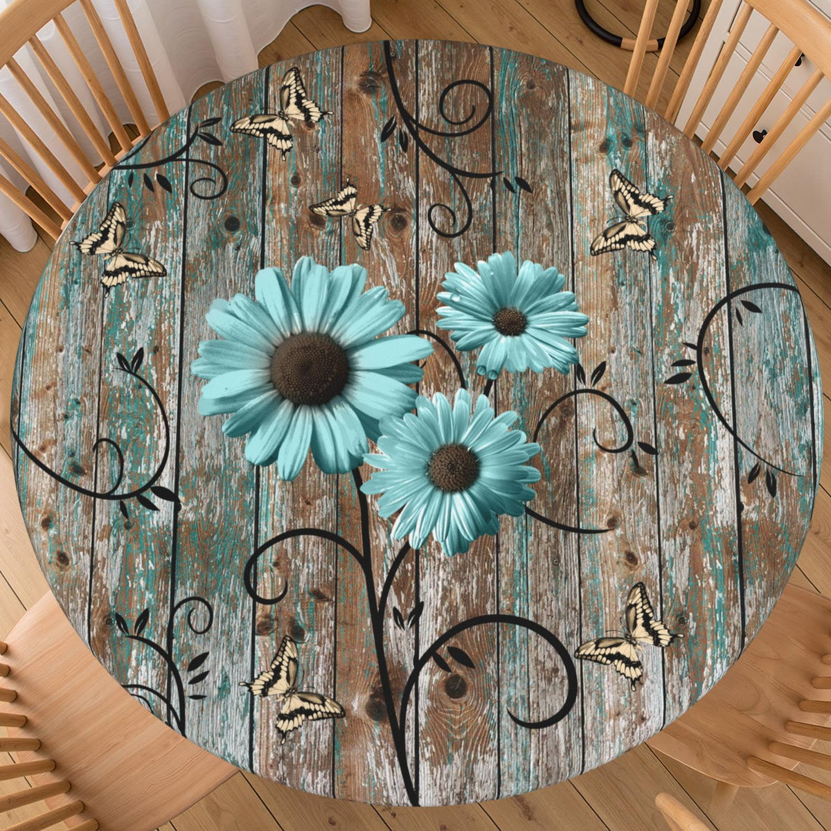 Fall Round Fitted Tablecloth with Elastic Edge Orange Blue White Thanksgiving Pumpkin Table Cover 40-44 Inch Autumn Leaf Washable Table Cloth for Kitchen Dining Room Party Decor