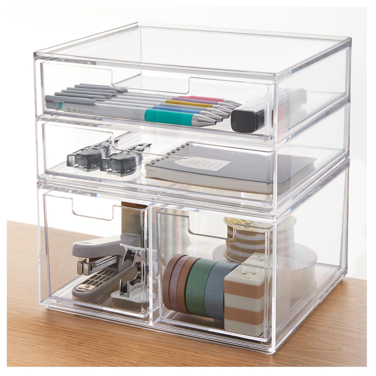 STORi Stackable Desk and Drawer Organizer, Clear, 6 Compartment Organizer with 2 Wide Drawers