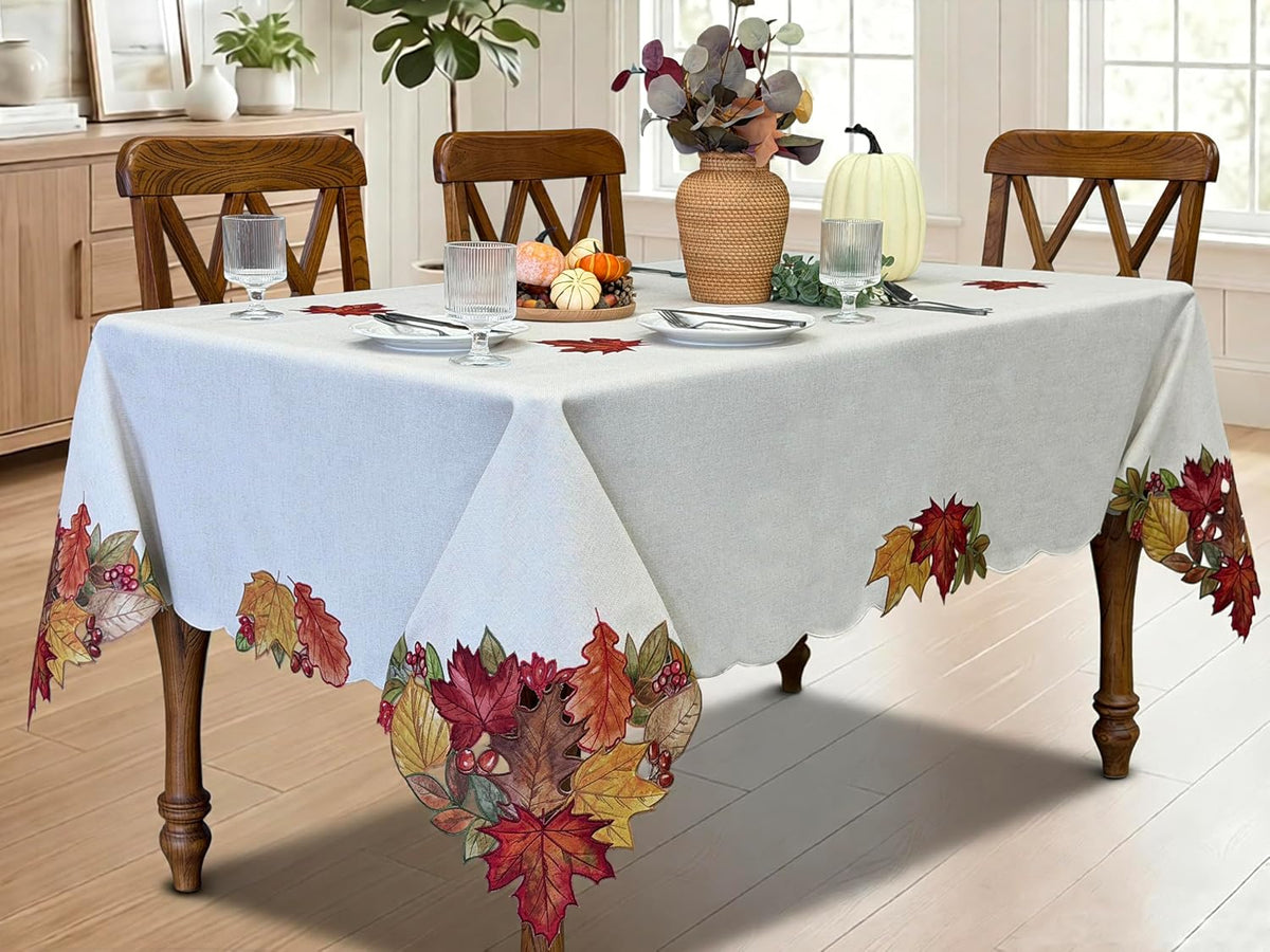 KEVA Fall Tablecloth 60x84 Inch, Autumn Maple Leaves Cutwork Embroidered Tablecloth, Harvest Thanksgiving Decor for Kitchen Dining Table