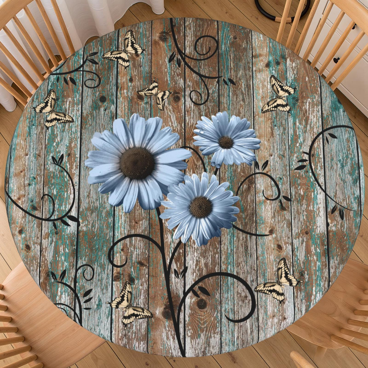 Fall Round Fitted Tablecloth with Elastic Edge Orange Blue White Thanksgiving Pumpkin Table Cover 40-44 Inch Autumn Leaf Washable Table Cloth for Kitchen Dining Room Party Decor