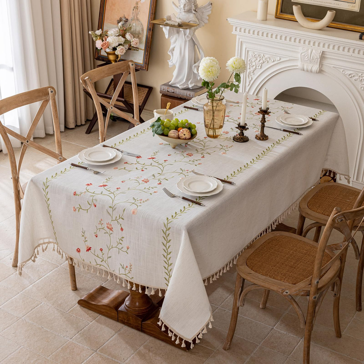 Joyfol Day Rustic Waterproof Linen Tablecloth, Heavy Weight Fern Embroidery Table Cloths for Rectangle Tables, Farmhouse Spill-Proof Table Covers with Tassels, Blue 55''x 70''