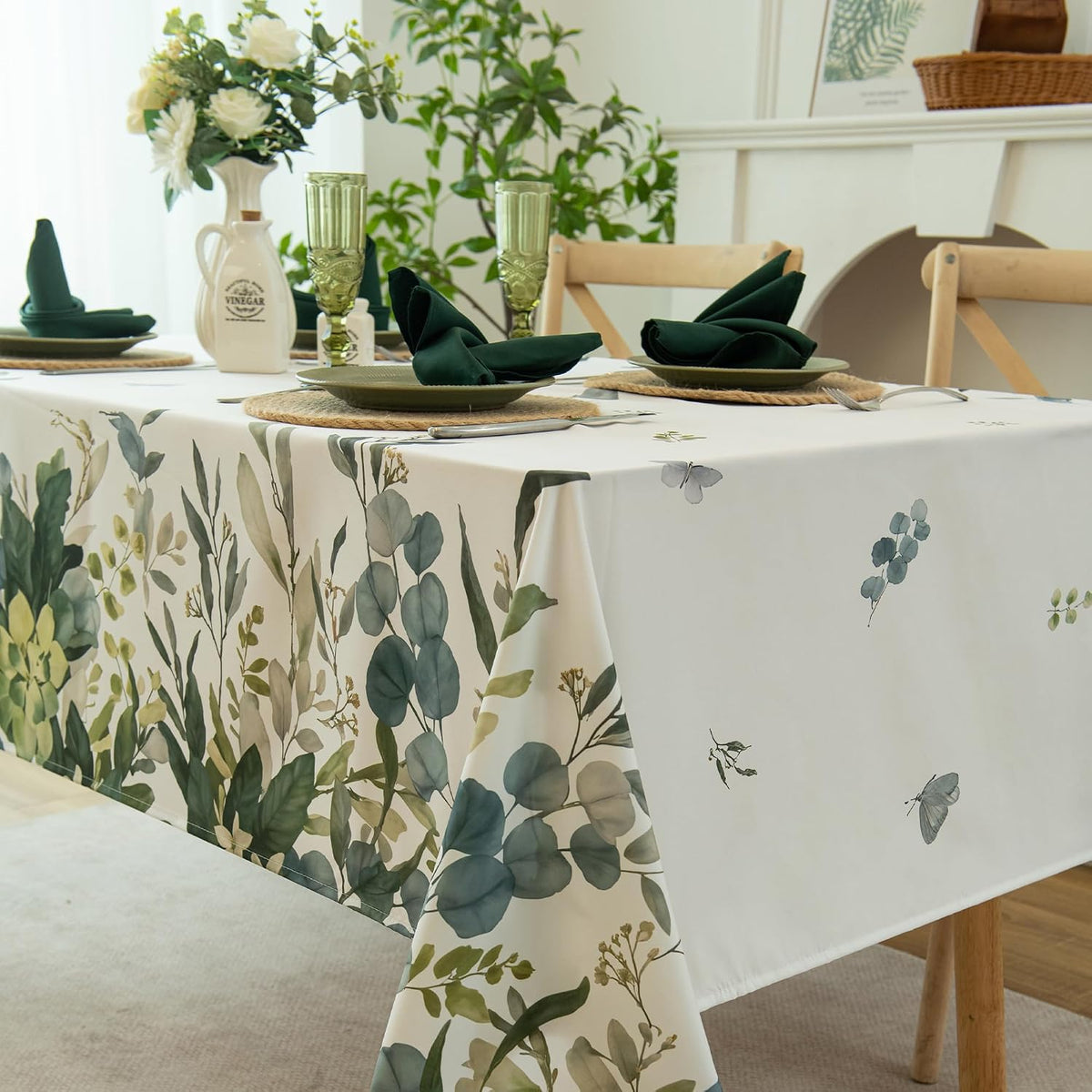 Summer Spring Tablecloth – Waterproof, Stain Resistant, Eucalyptus Floral Design for Dining, Kitchen, Outdoor, Picnic, Easy Clean, Vibrant and Durable Boho Home Decor, W60 x L84