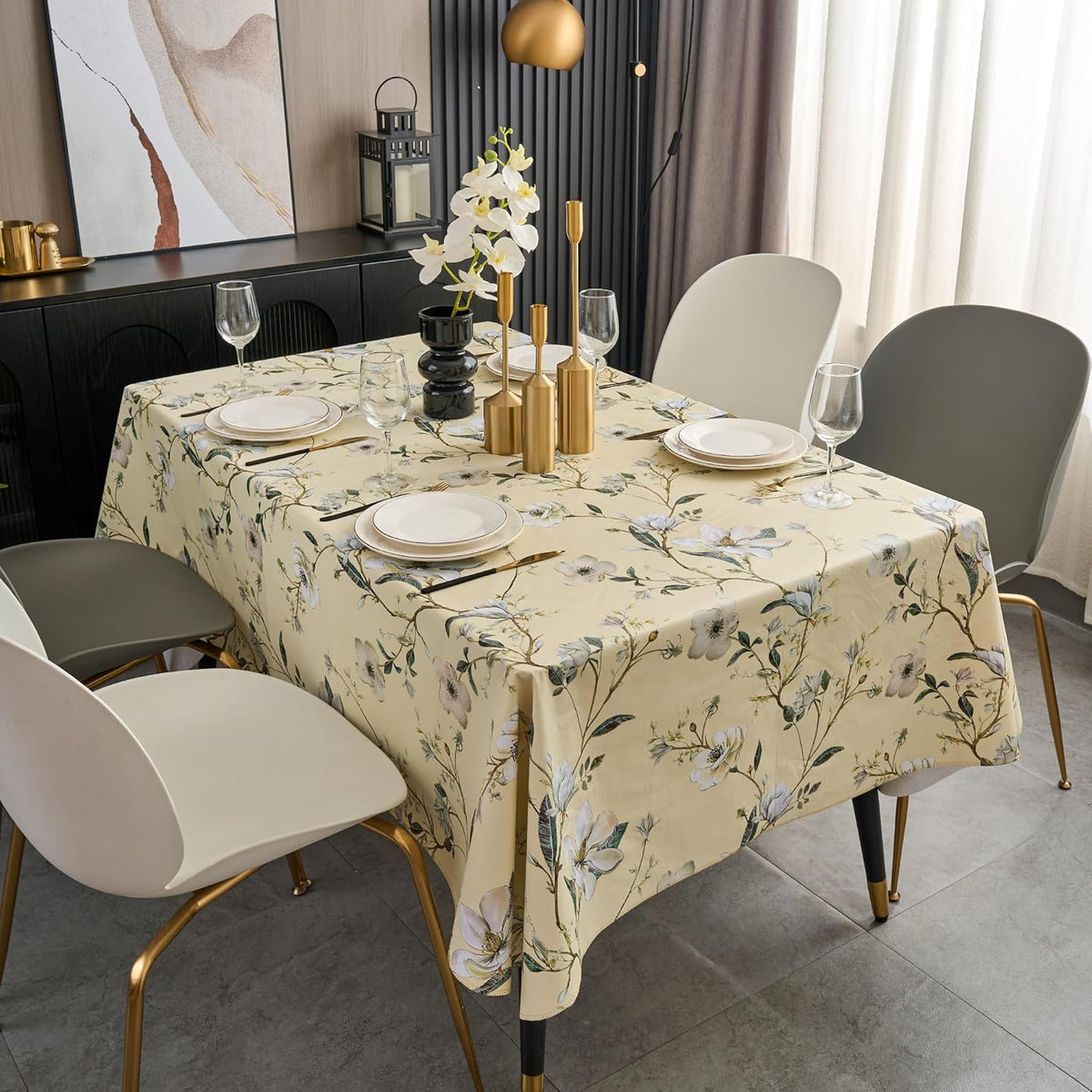 Pioggia Vinyl Tablecloth with Flannel Backing - Waterproof, Oil-Proof, Easy to Clean -Plastic Table Cloth - Perfect for Dining Tables, Kitchen Tables, Parties (Beige Flower, 54×72 Inch Rectangular)