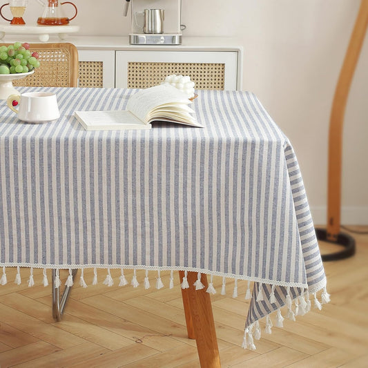 meioro Table Cloth Blue White Striped Tablecloth Tassels Cotton Blend Dust-Proof Table Cover for Dining Coffee Buffet Kitchen Picnic Tables, Parties Indoor Outdoor Square Tablecloths (36x36 Inch)