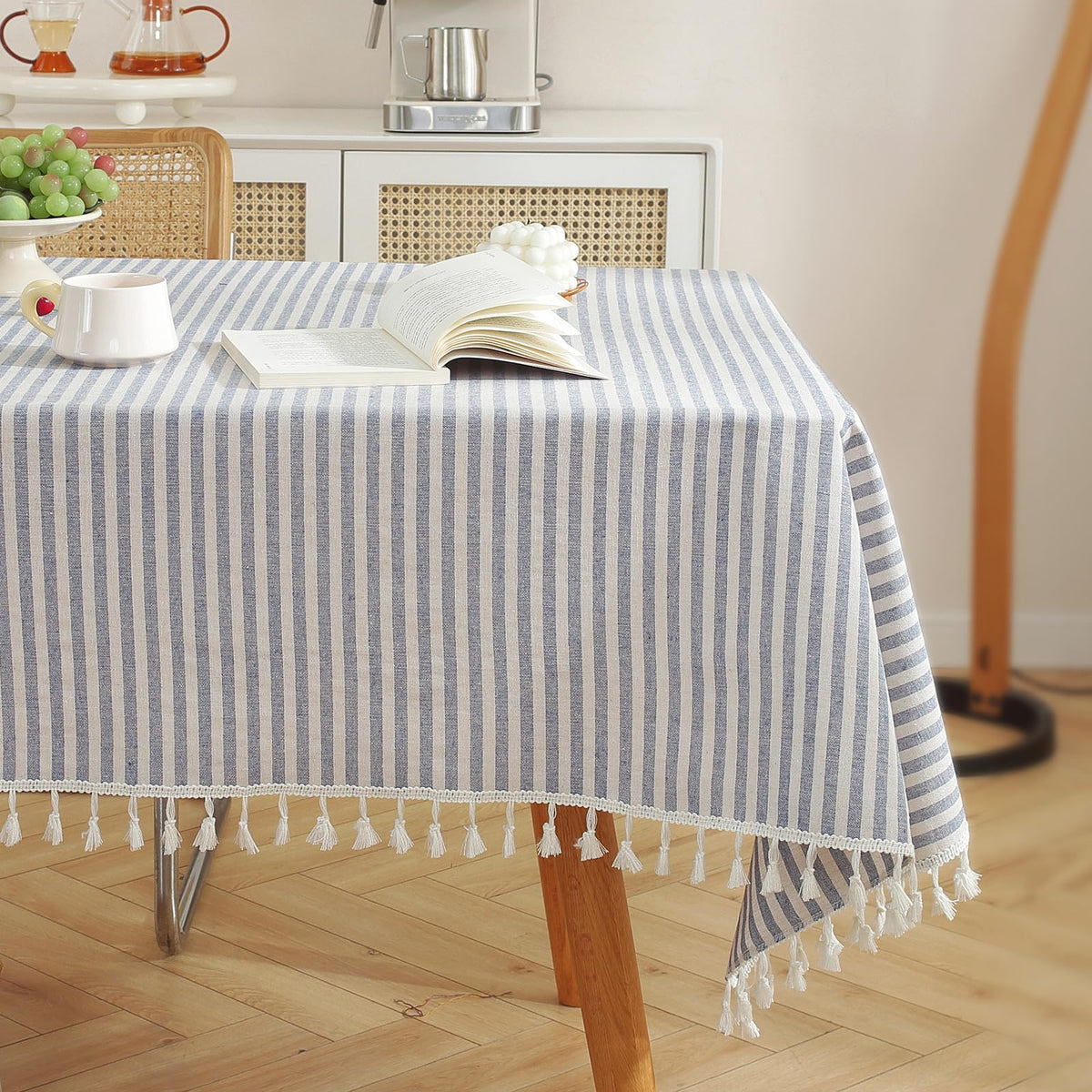 meioro Table Cloth Blue White Striped Tablecloth Tassels Cotton Blend Dust-Proof Table Cover for Dining Coffee Buffet Kitchen Picnic Tables, Parties Indoor Outdoor Square Tablecloths (36x36 Inch)