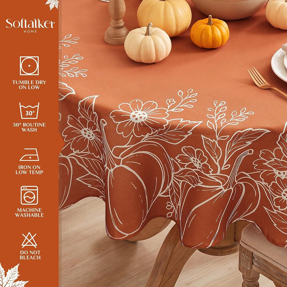 Softalker Faux Linen Round Fall Tablecloth 70 Inch, Autumn Table Cloth with Pumpkin & Maple Leaves, Orange Circle Table Cover Water Resistant for Outdoor, Thanksgiving, Kitchen-Harvest Themed