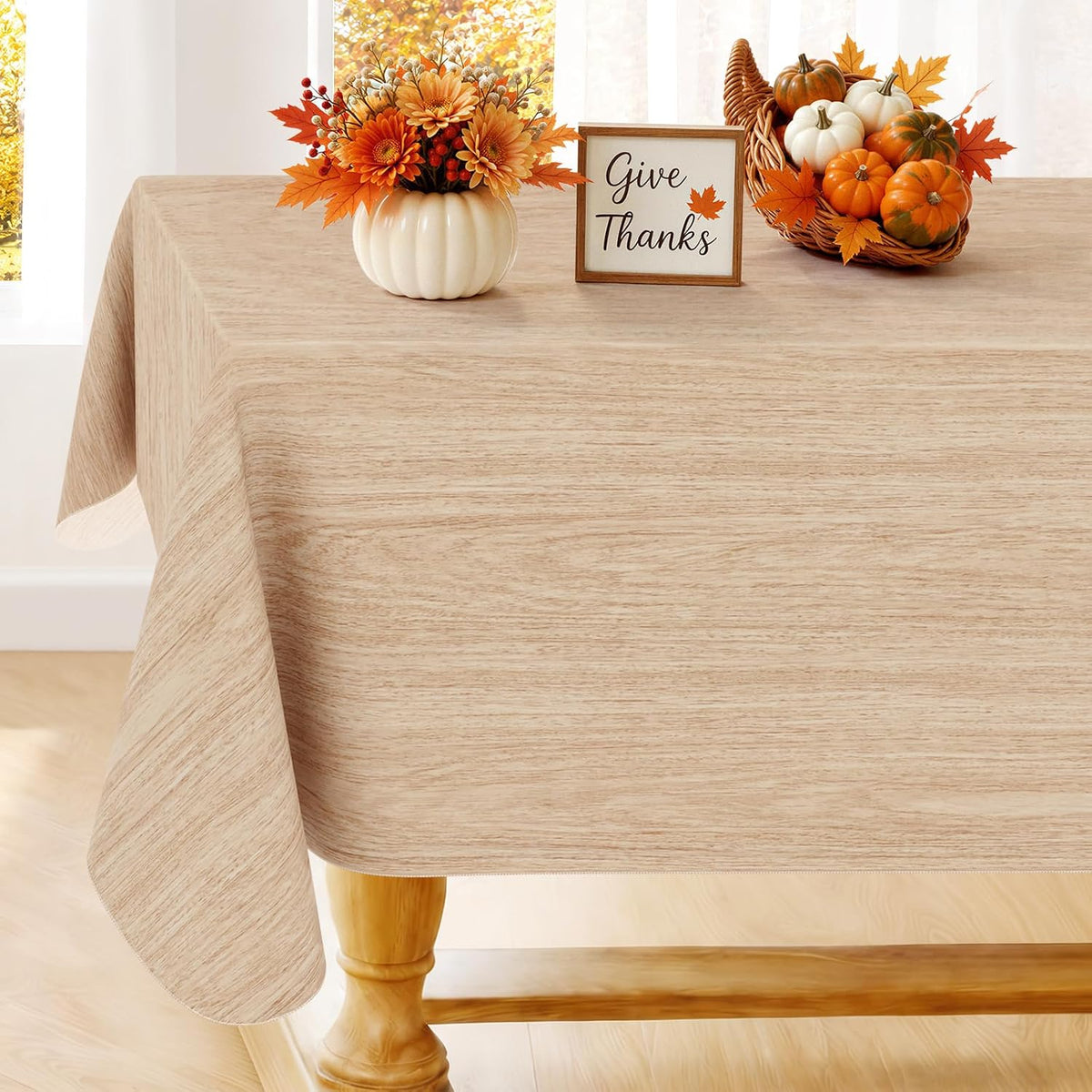 Smiry Rectangle Table Cloth, Waterproof Vinyl Tablecloths with Flannel Backing, Wipeable Spillproof Plastic Wood Grain Table Cover for Dining, Indoor and Outdoor (Beige, 60 "x 84")