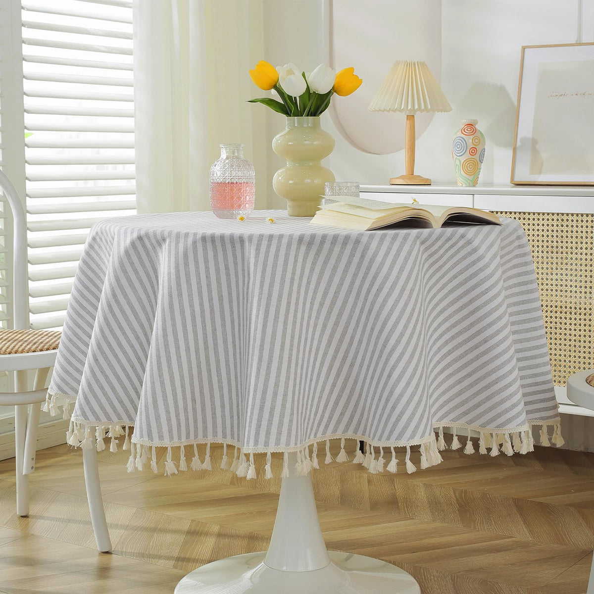 meioro Table Cloth Blue White Striped Tablecloth Tassels Cotton Blend Dust-Proof Table Cover for Dining Coffee Buffet Kitchen Picnic Tables, Parties Indoor Outdoor Square Tablecloths (36x36 Inch)