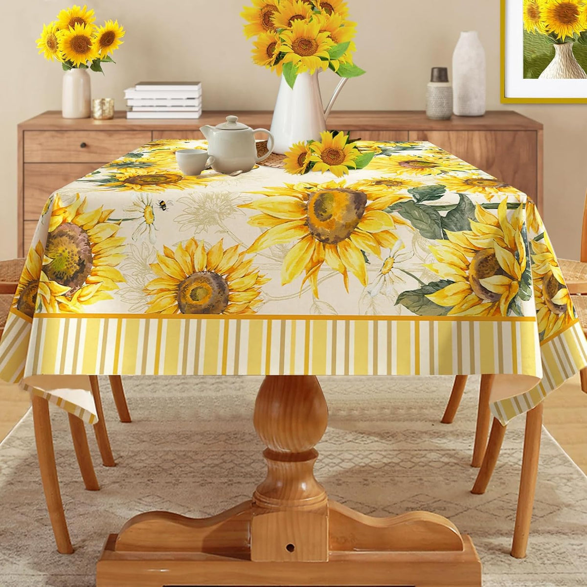 Hexagram Summer Tablecloth 60x84 Inch Rectangle, Sunflower Tablecloths